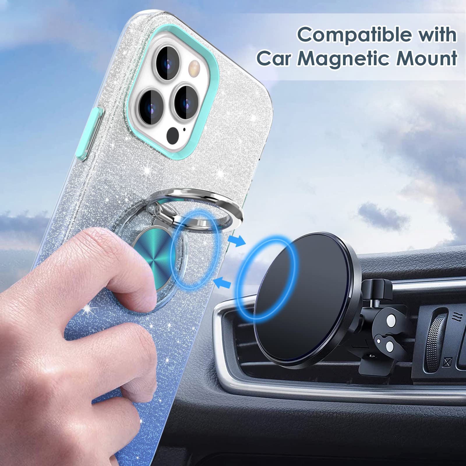 Hython Magnetic Ring Stand Case for iPhone 13 Pro Max - 360° Rotatable Kickstand, Sparkly Glitter Hybrid Cover (Blue) | Perfect for Car Mounting, Hands-Free Viewing & Everyday Protection