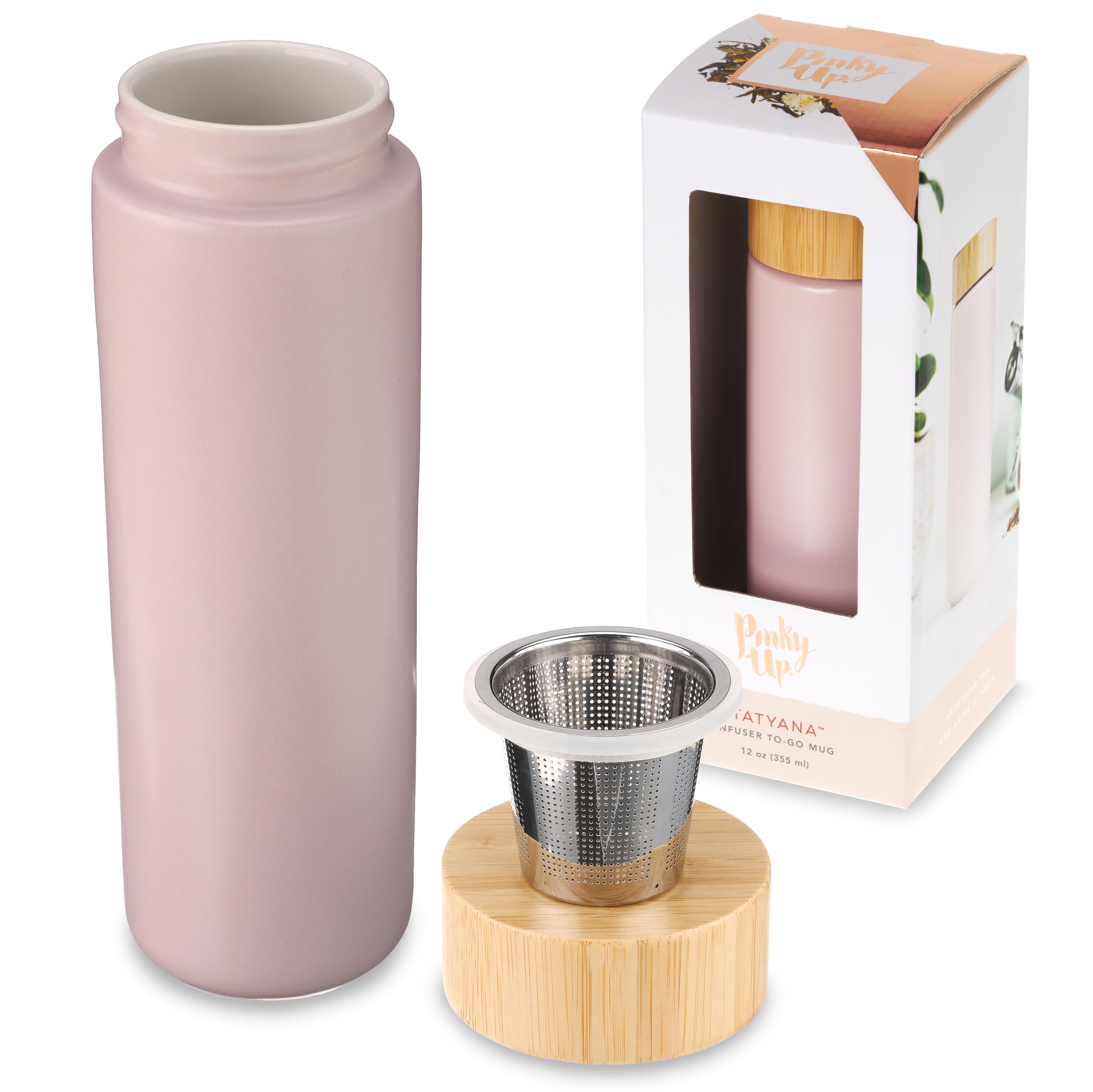 Pinky Up Tatyana Ceramic Tea Infuser Mug with Lid - 12oz Lavender Bamboo & Stainless Steel Tea Cup - Perfect for Loose Leaf Tea, Office, Home & Gifts