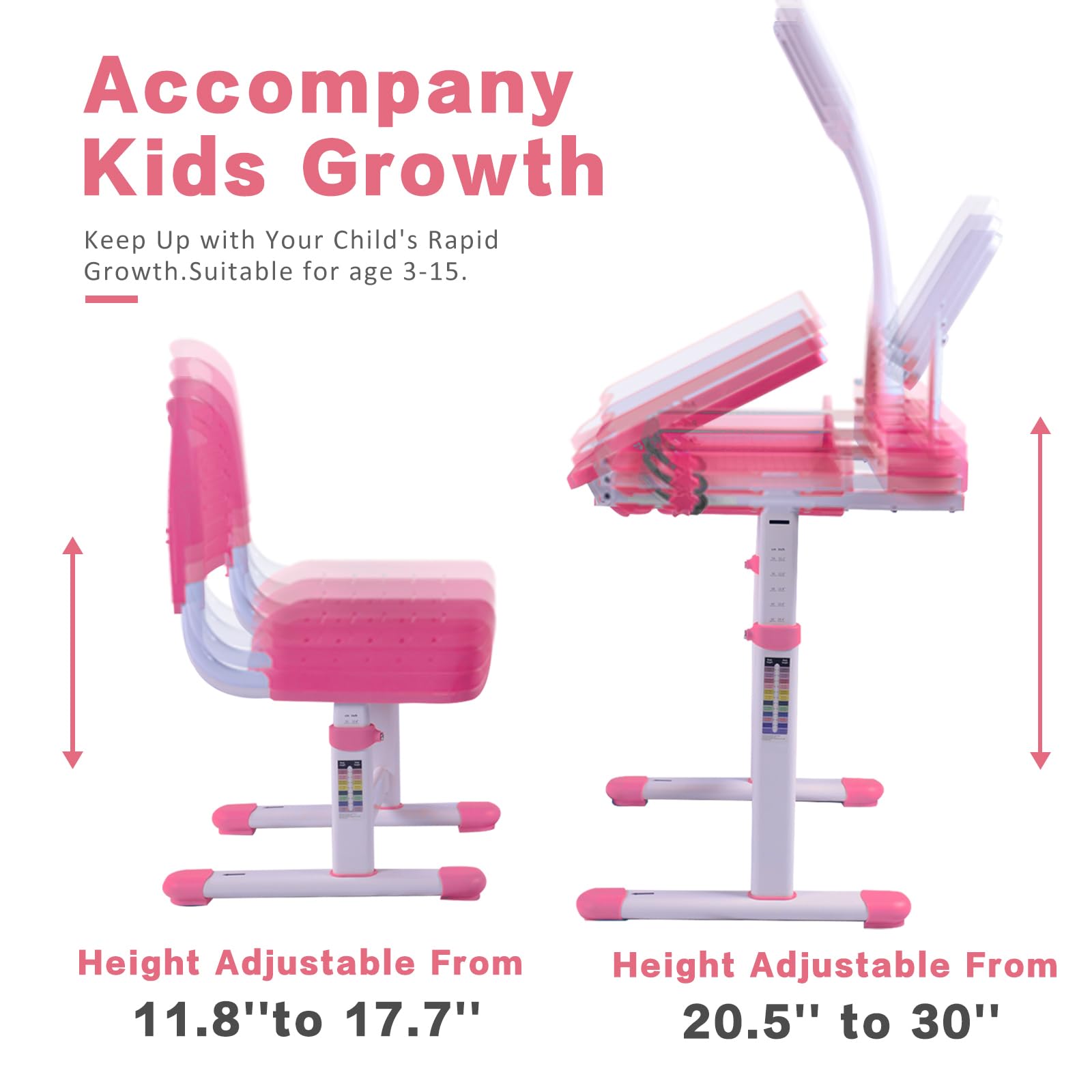 Napfox Adjustable Kids Desk and Chair Set - Ergonomic Study Desk for Children with Height Adjustable & 40° Tiltable Desktop, LED Light & Bookstand (Pink) - Perfect for Homework, Drawing & Online Learning
