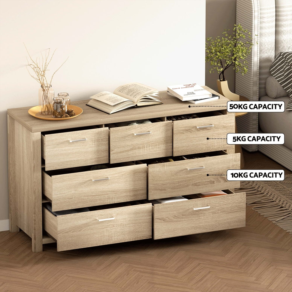 7-Drawer Lowboy Storage Dresser - Solid Oak Wood Bedroom Organizer for Clothes, Toys & Linens | Perfect for Nursery, Dorm, or Guest Room Organization