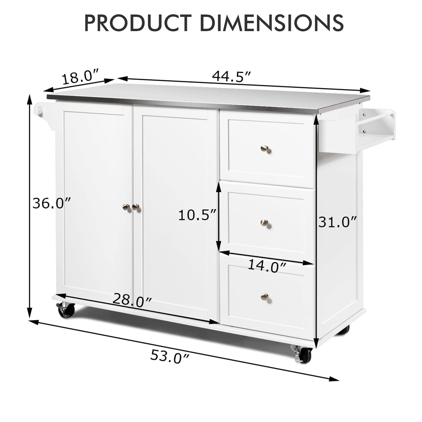 GOFLAME Stainless Steel Kitchen Island Cart with Wheels - Mobile Kitchen Cart with Storage Shelves & Towel Rack - Rolling Kitchen Trolley for Dining Room, Home Kitchen & Restaurant Use (White) - Perfect for Food Prep, Serving & Extra Counter Space