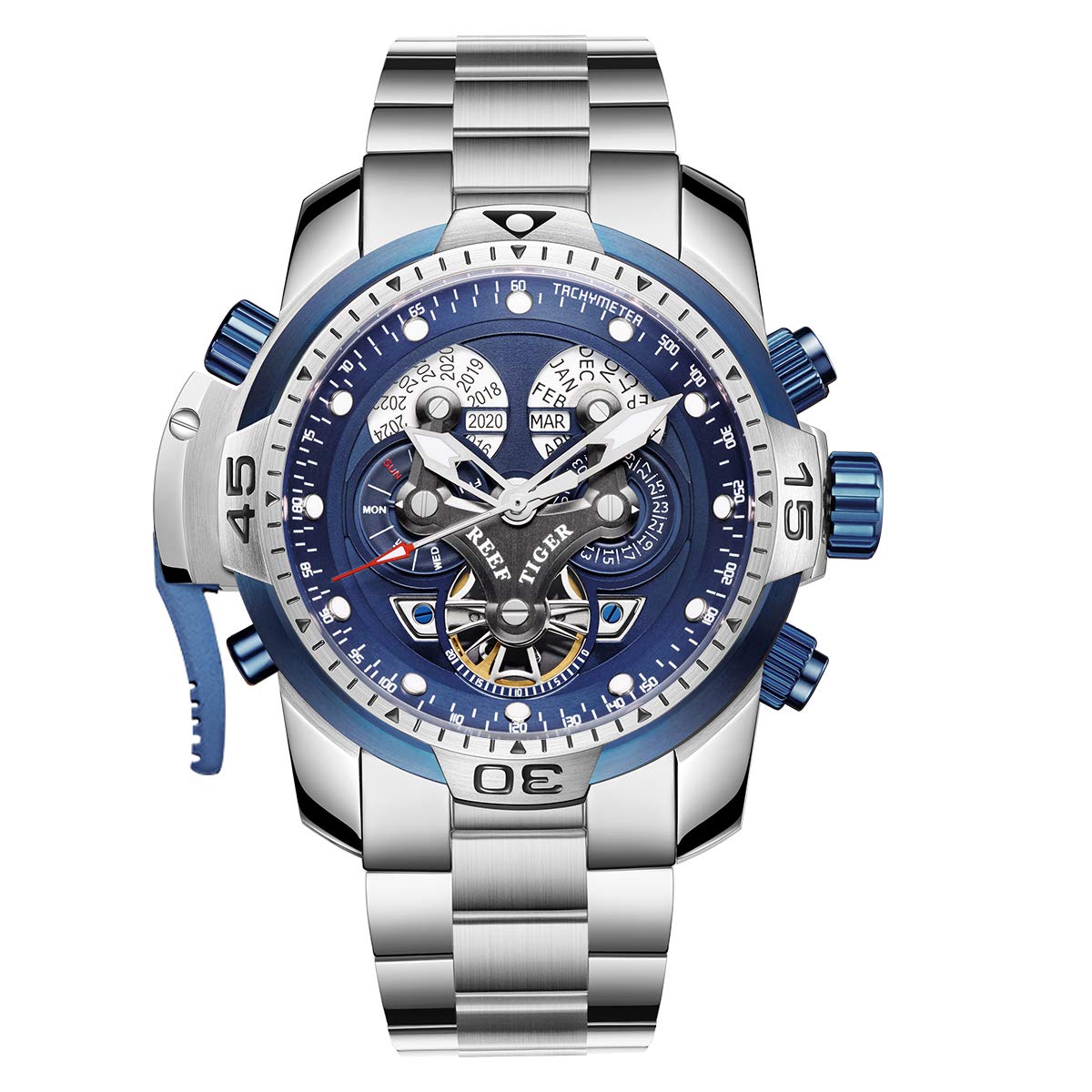 REEF TIGER Men's Luxury Sports Watch with Date & Day Complication - Black Dial Mechanical Bracelet Watch RGA3503 | Perfect for Business, Formal Events & Everyday Wear