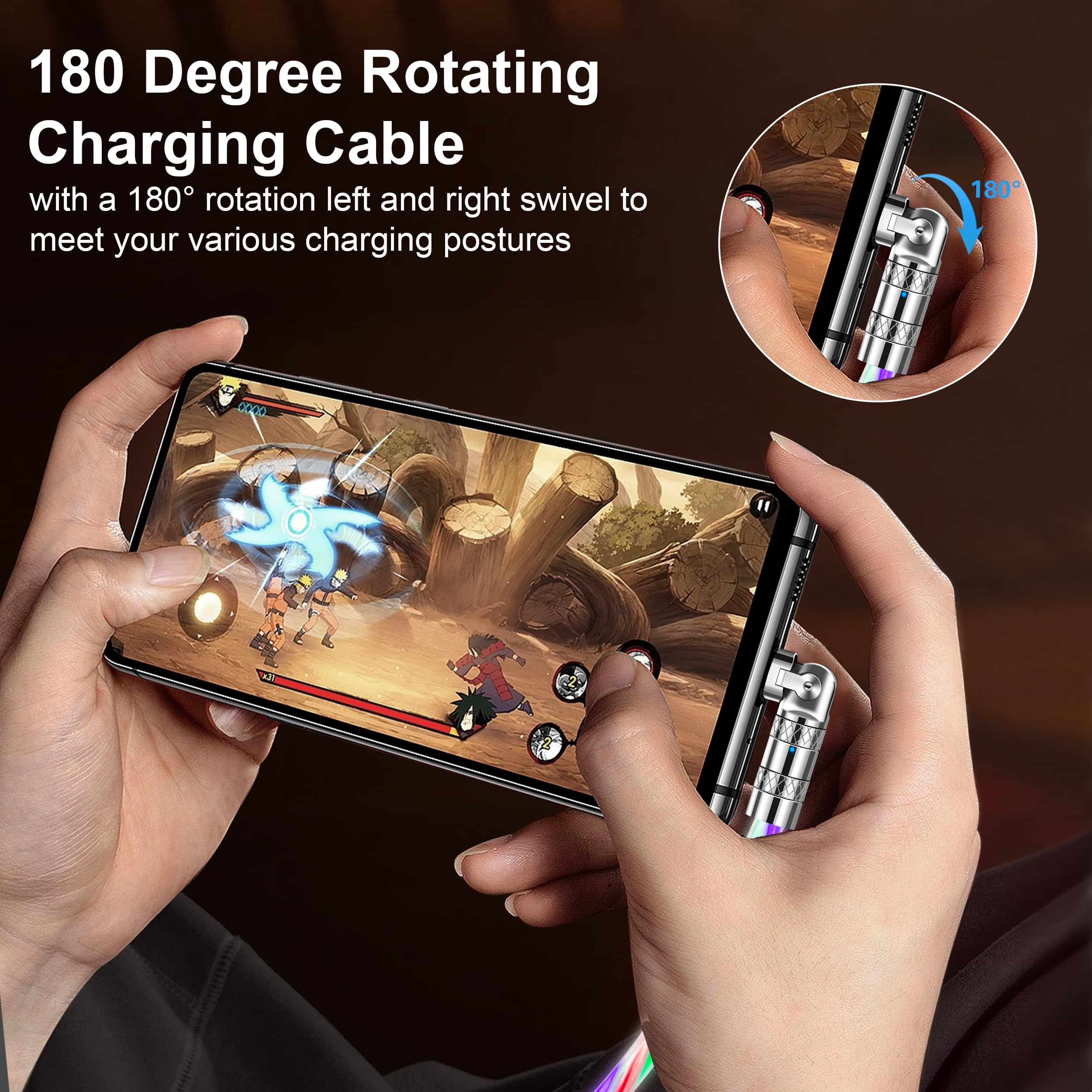 180° Rotating USB C Charger Cable 6.6FT/2M Fast Charging with LED Light - USB A to USB C Cable for Samsung Galaxy S24/S23/S22/Note 10/9, Huawei P9, Pixel 7/6, iPad, Switch, PS5 - Perfect for Gaming, Travel & Night Charging