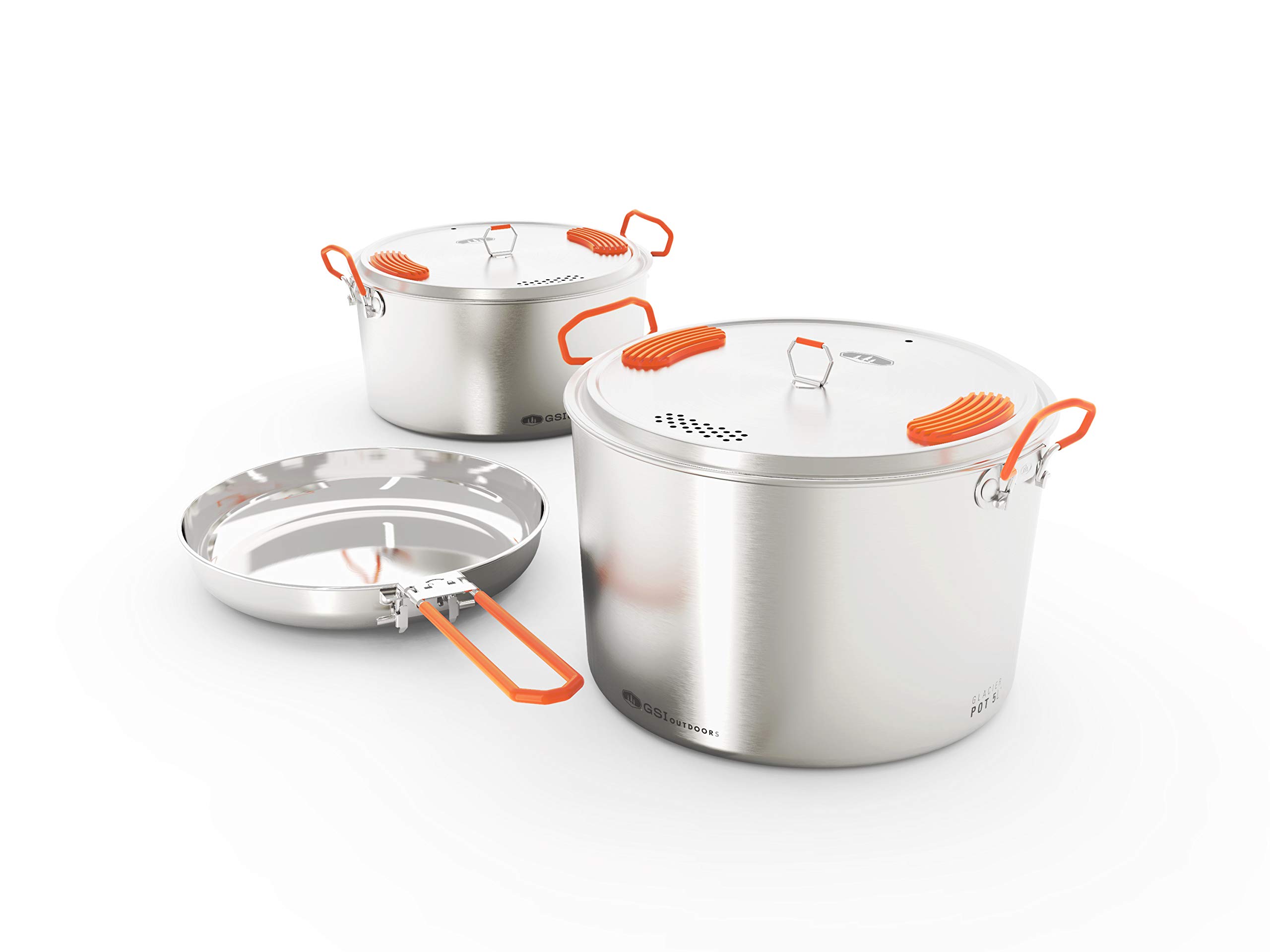 GSI Outdoors Glacier Stainless Steel Camping Cookset - Large 3-Piece Pot & Pan Set for Backpacking, Hiking, RV Trips - Compact & Durable Outdoor Cooking Gear for Campers
