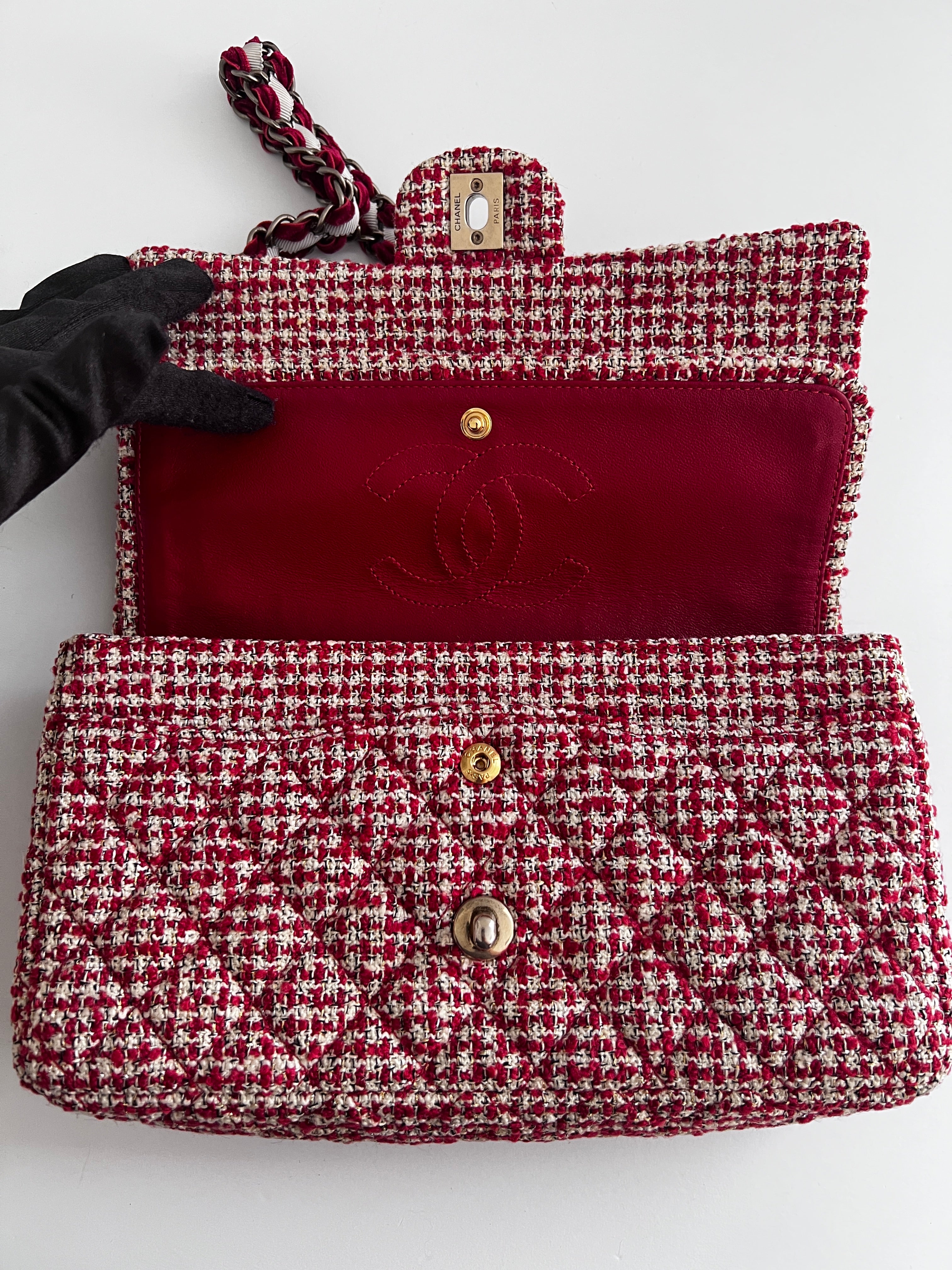 Chanel Red Velvet Chain Double Flap Tweed Bag - Luxury Designer Handbag for Women, Perfect for Parties, Weddings & Special Occasions