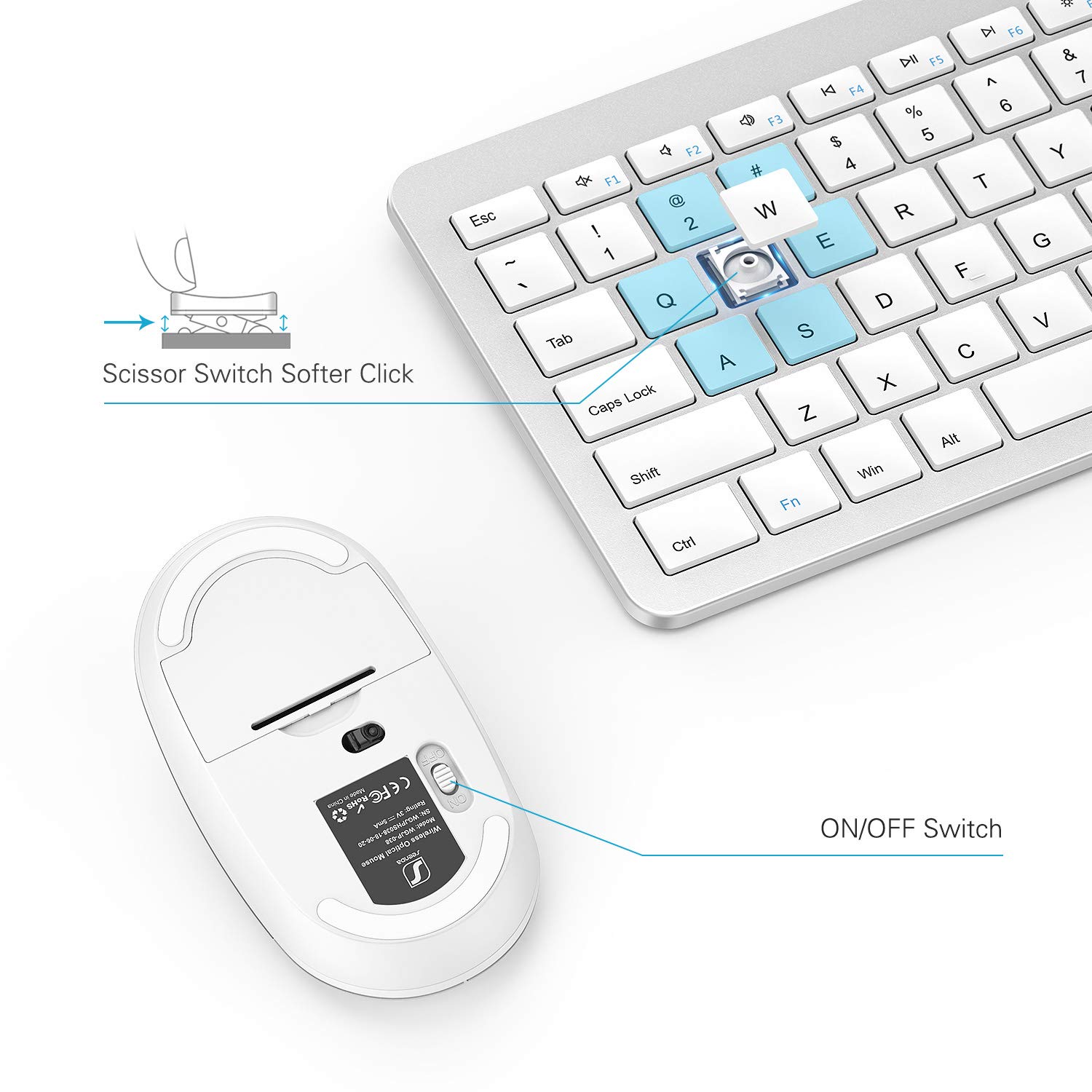 Slim Wireless Keyboard and Mouse Combo with Numeric Keypad - 2.4G Full Size Wireless Keyboard & Mouse Set with Adjustable DPI, Stable Connection (White & Silver) for Home Office, Gaming, and Productivity Work