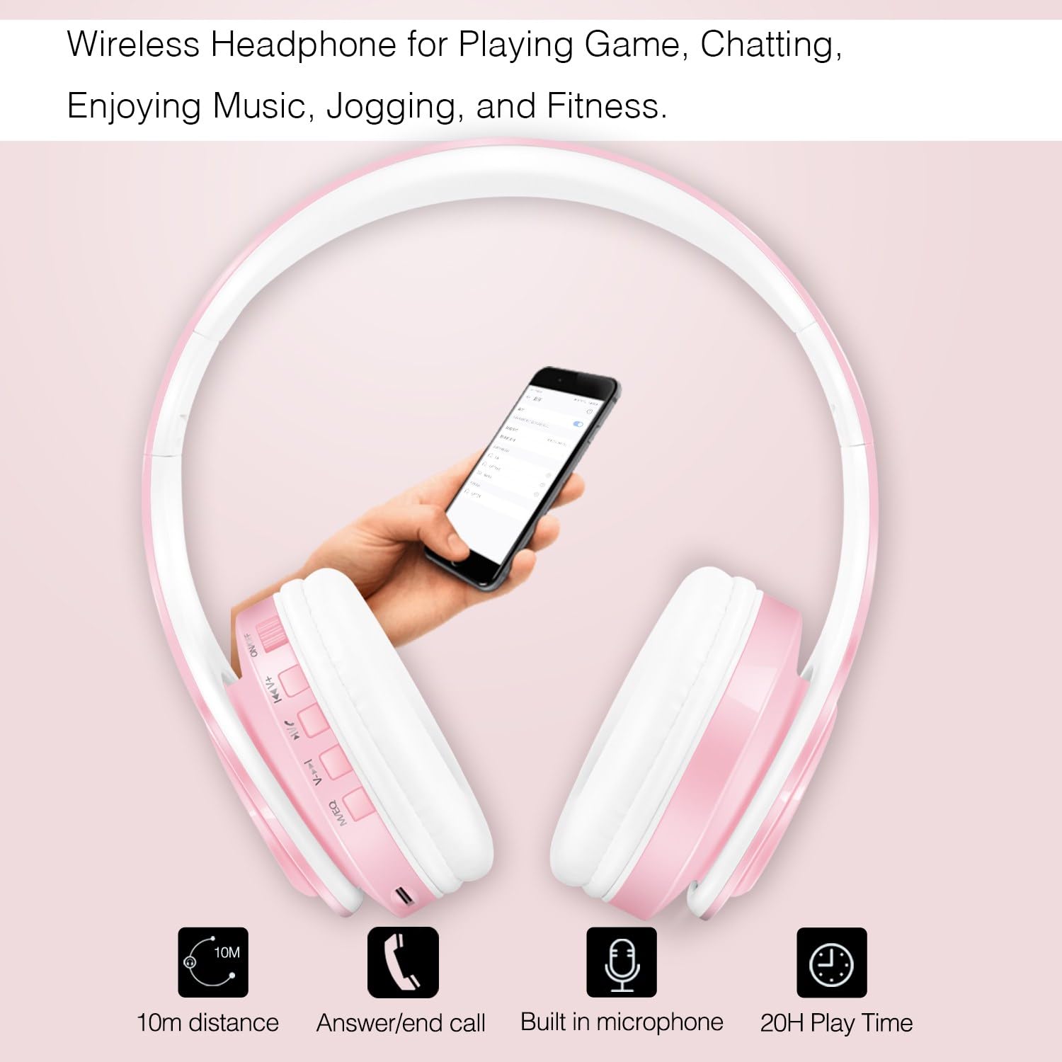 RAT TAIL V5.0 Bluetooth Headphones Wireless Over-Ear Foldable Headset with Micro SD/TF, FM, Soft Earmuffs - Lightweight for Long Wear, Compatible with Phone & PC (Pink) - Perfect for Travel, Workouts & Gaming