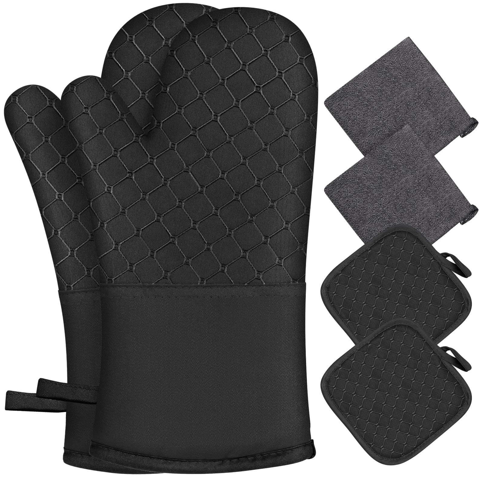 6Pcs Heat Resistant Oven Mitts & Pot Holders Set - 500℉ Protection with Soft Cotton Lining & Non-Slip Silicone Surface - Includes Kitchen Towels for Baking, Cooking, Grilling, BBQ - Perfect for Home Kitchen & Outdoor Use (Black)