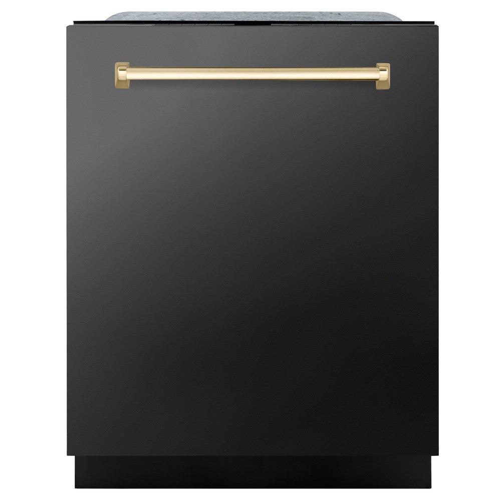 ZLINE Autograph Edition 24 Inch Black Stainless Steel Dishwasher with Polished Gold Handle - 45dBA Ultra Quiet, 3rd Rack & Top Touch Control - Perfect for Modern Kitchens and Open Concept Homes (Model DWMTZ BS 24 G)