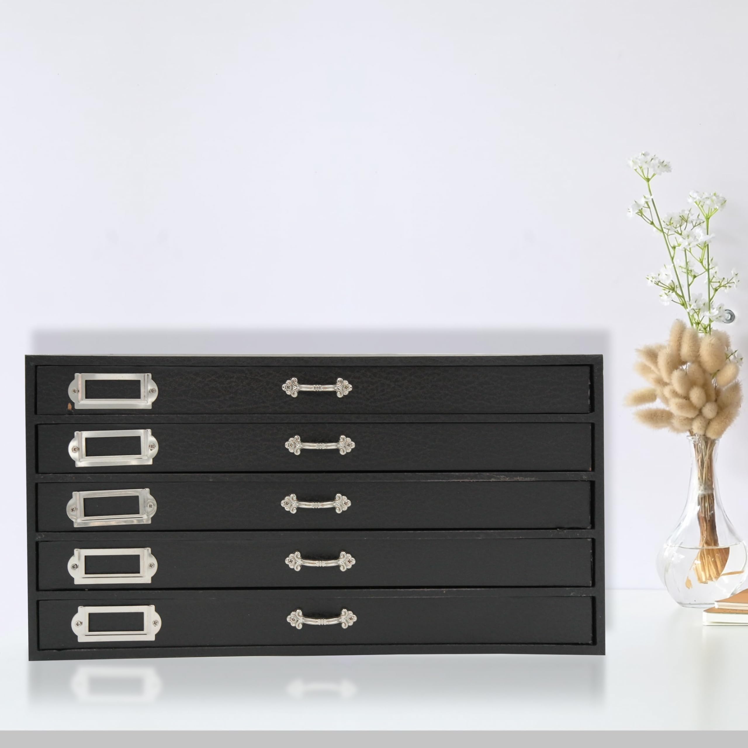 SSWBasics Jewelry Storage Organizer - 5-Drawer Jewelry Box with Black Faux Leather for Necklaces, Rings, Earrings - Perfect for Travel, Home Decor & Gift Giving