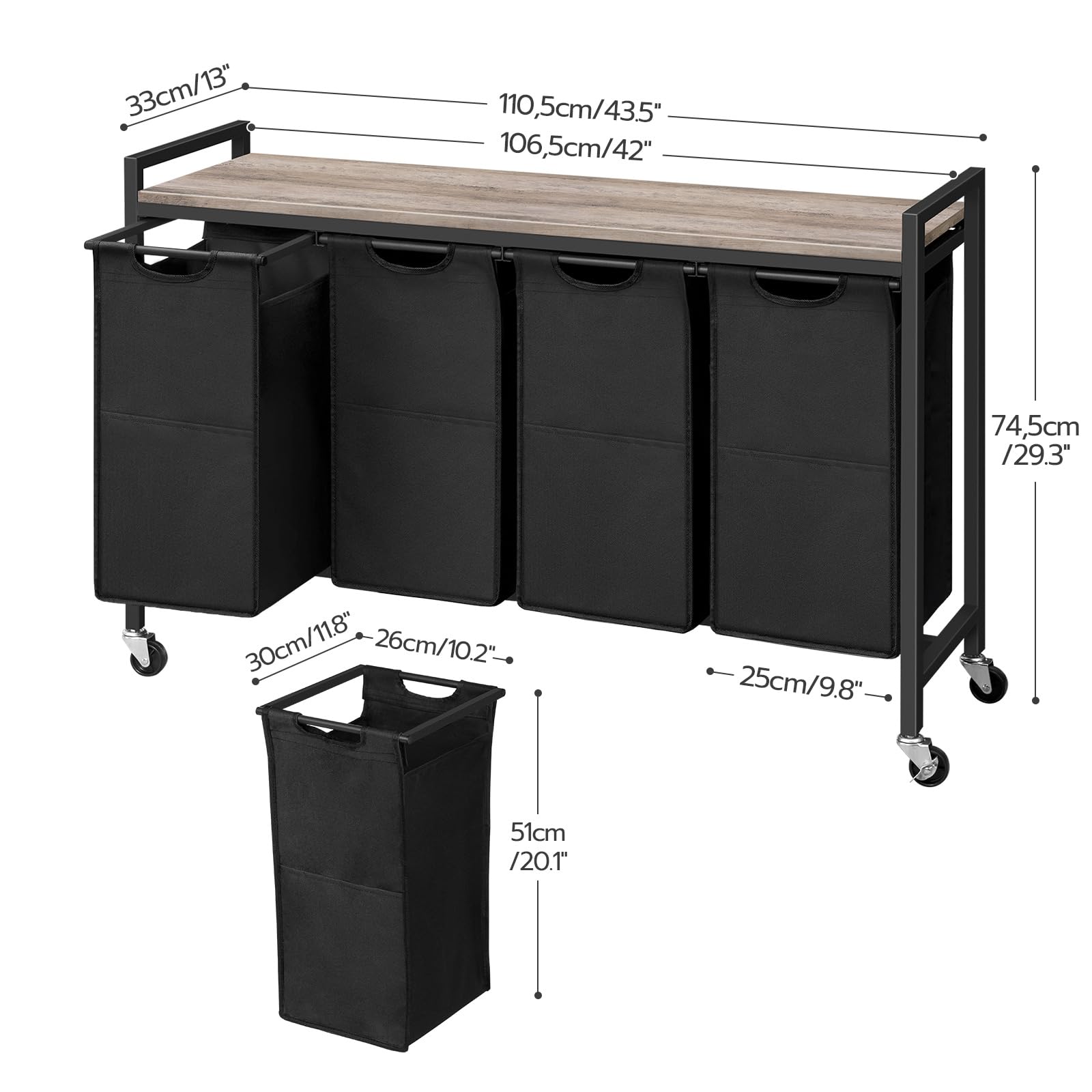 HOOBRO 4-Section Rolling Laundry Hamper with Wheels & Removable Oxford Fabric Bags - 39.8L (10.5 Gal Each) - Greige & Black BG04XY01 - Perfect for Laundry Room Organization, Small Spaces & Apartments
