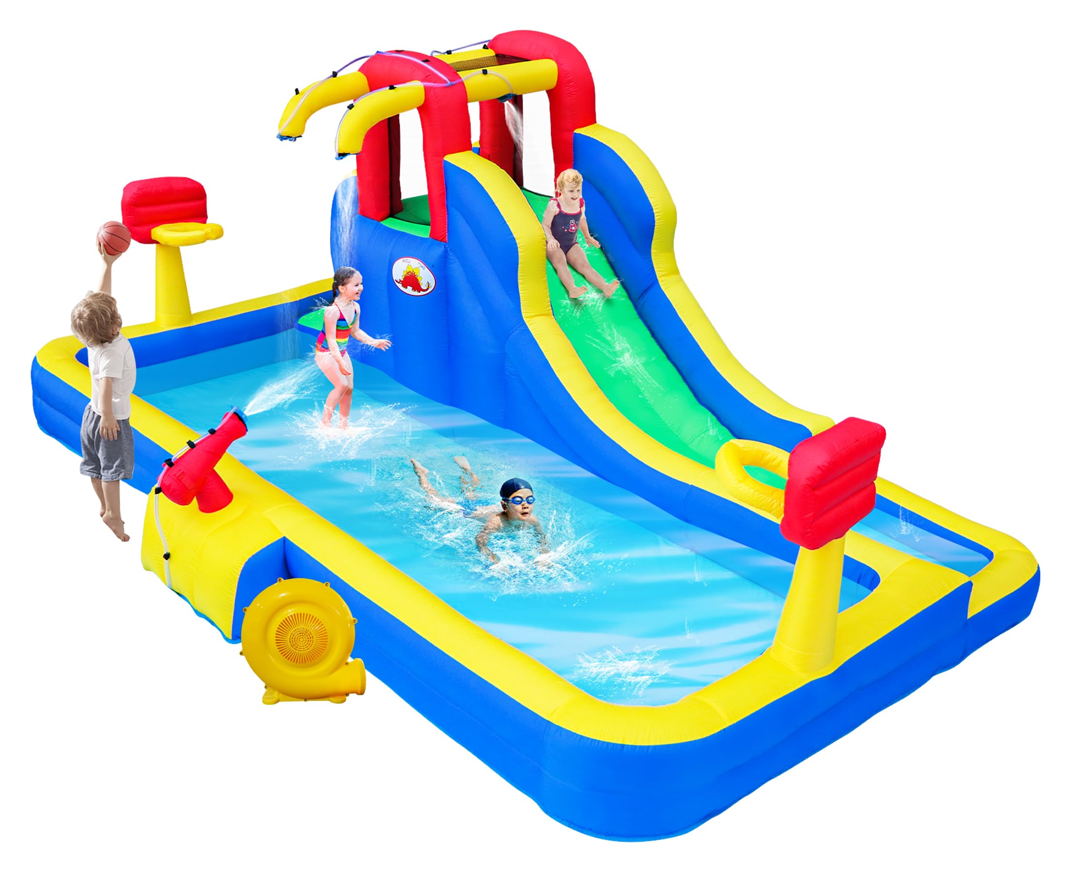 Inflatable Water Park with Blower - Bounce House with Water Cannon & Double Basketball Hoops for Kids Outdoor Summer Party, Backyard Pool Fun, and Birthday Celebrations