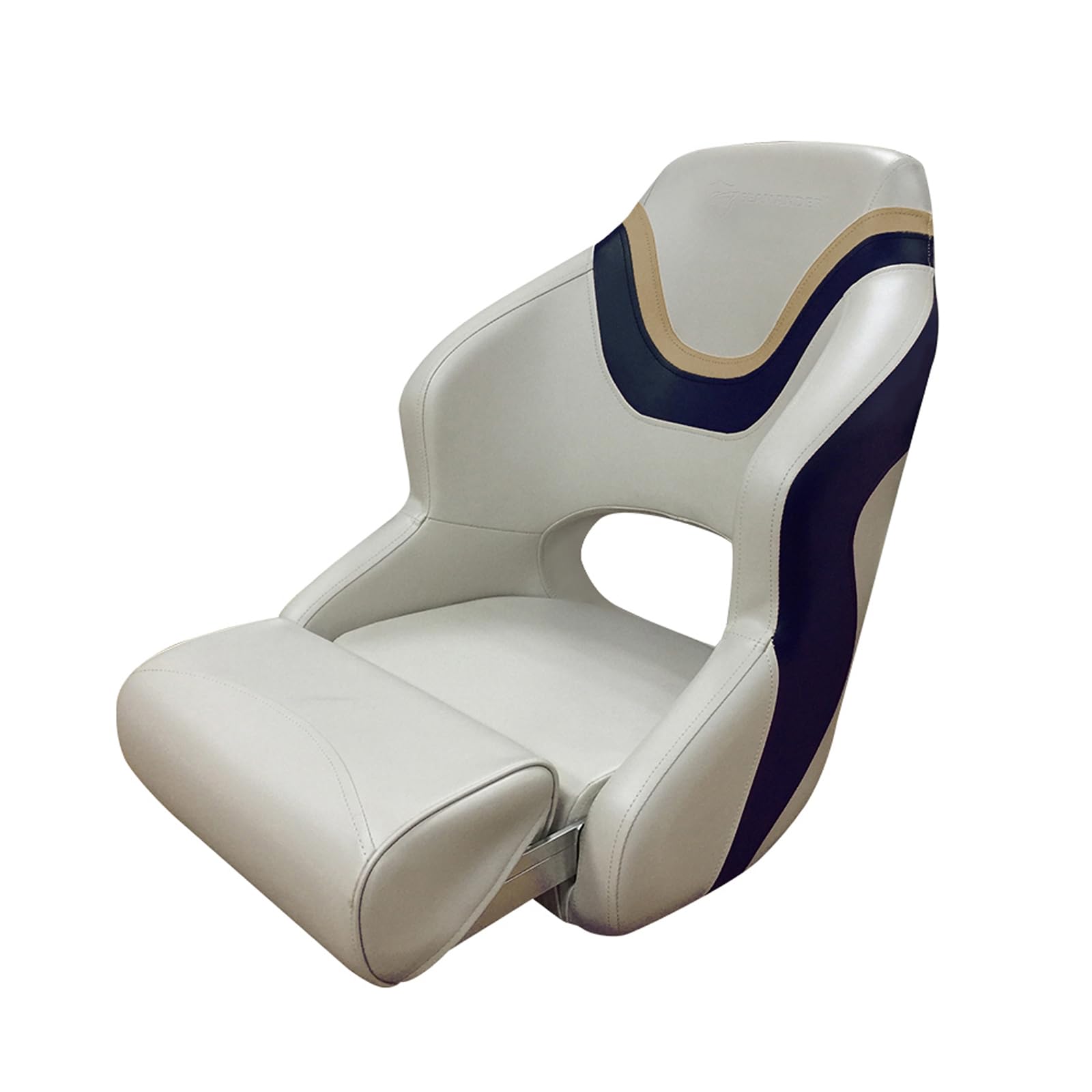 Seamander Captain Bucket Seat Boat Seat - Flip Up Marine Boat Chair with Swivel Base (SC2-Ivory/Navy Blue&Tan) - Durable Fishing Boat Seats for Pontoon, Bass Boats & Yachts