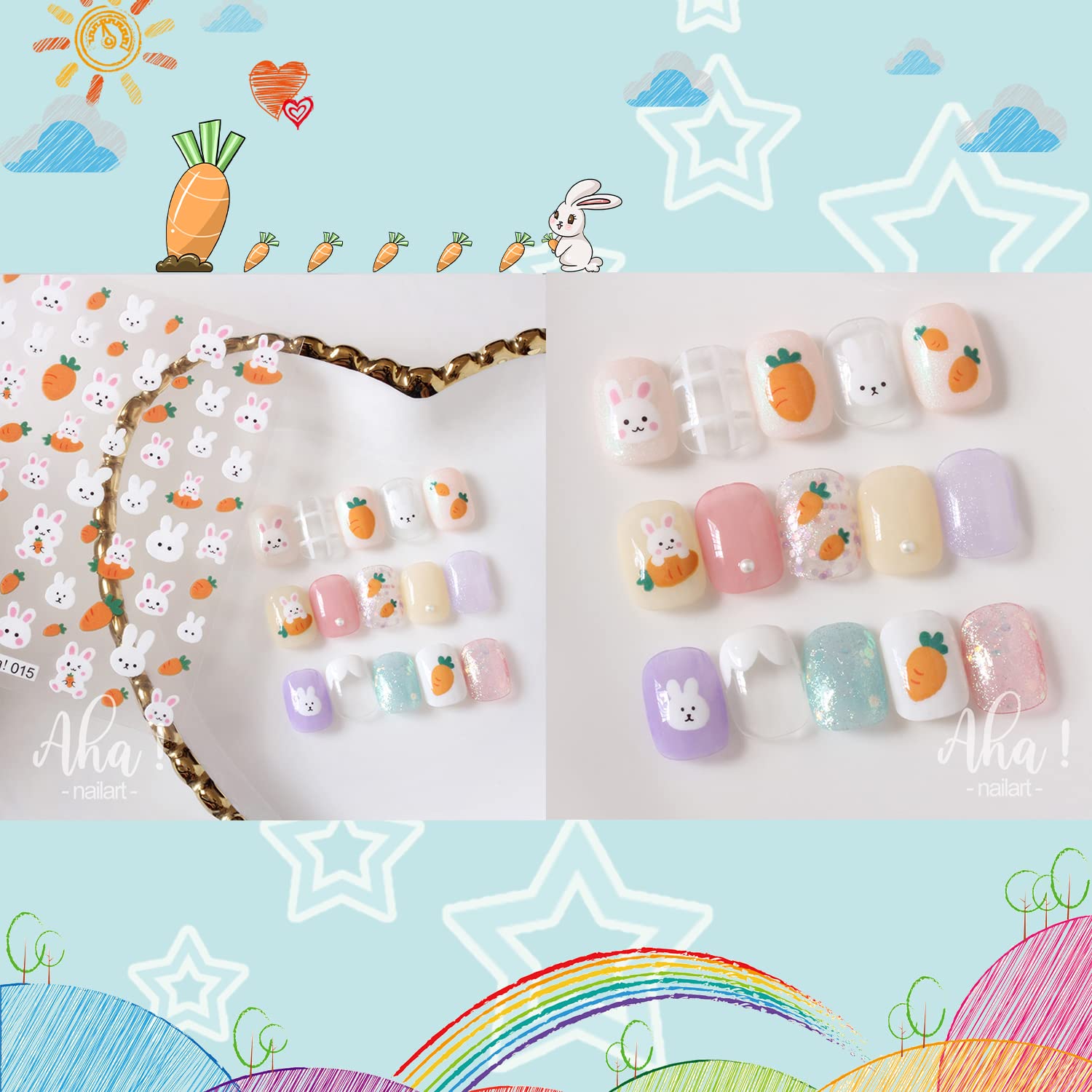 ACDE 5 Sheets Cute Cartoon 3D Nail Art Stickers - Rainbow Clouds, Bear, Rabbit, Panda Designs - Self-Adhesive Nail Decals for Women, Girls, Kids - DIY Manicure, Party, Salon, Birthday Nail Decorations
