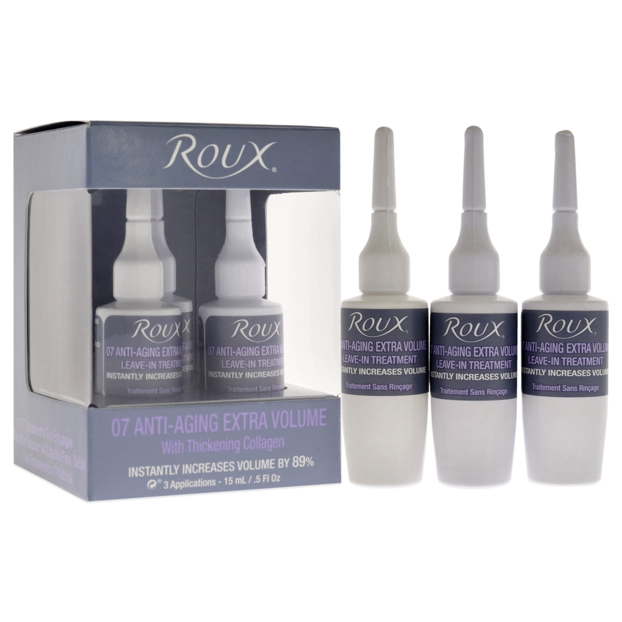 Roux Collagen Leave-In Treatment for Hair - Anti-Aging Ampoules with Extra Volume Formula (3 Count, 0.5 Fl Oz Each) | Hydrating Hair Repair for Damaged & Thin Hair - Perfect for Daily Use & Salon Treatments