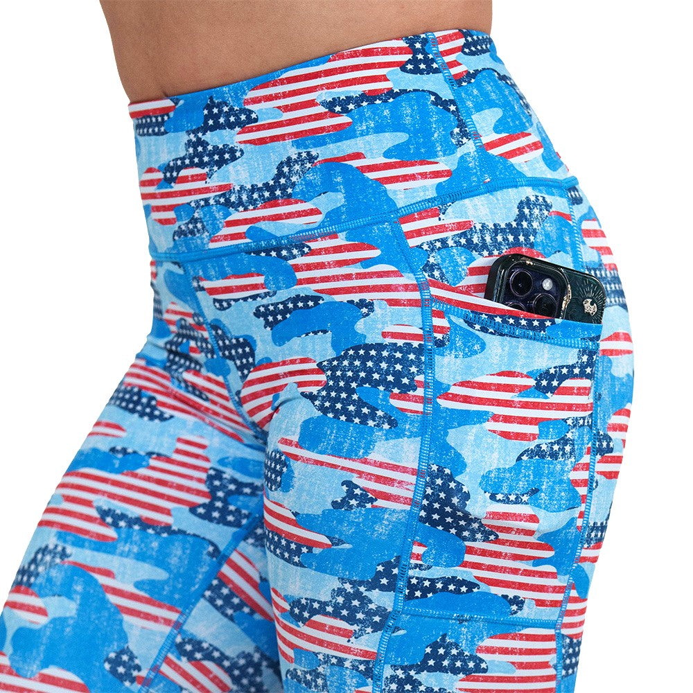 Patriotic Camo Flag Leggings for Women - High Waist Yoga Pants with USA Print - Perfect for Workout, Gym, Running & Casual Wear