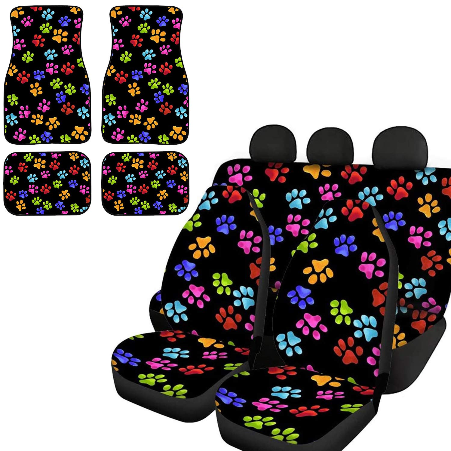 Dreaweet Cute Puppy Paws Print Car Seat Covers Set with Floor Mats - 8 Piece All Weather Universal Fit for Most Cars - Breathable Front & Rear Seat Protectors - Perfect for Pet Lovers & Family Road Trips