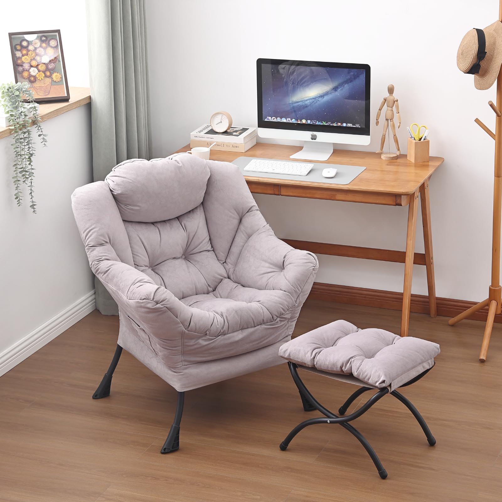 Comfortable Lazy Chair with Ottoman - Modern Upholstered Lounge Chair with Armrests & Side Pocket - Perfect for Reading, Relaxing in Bedroom, Living Room, Dorm or Office - Cozy Footrest Accent Chair for Leisure & Small Space Living