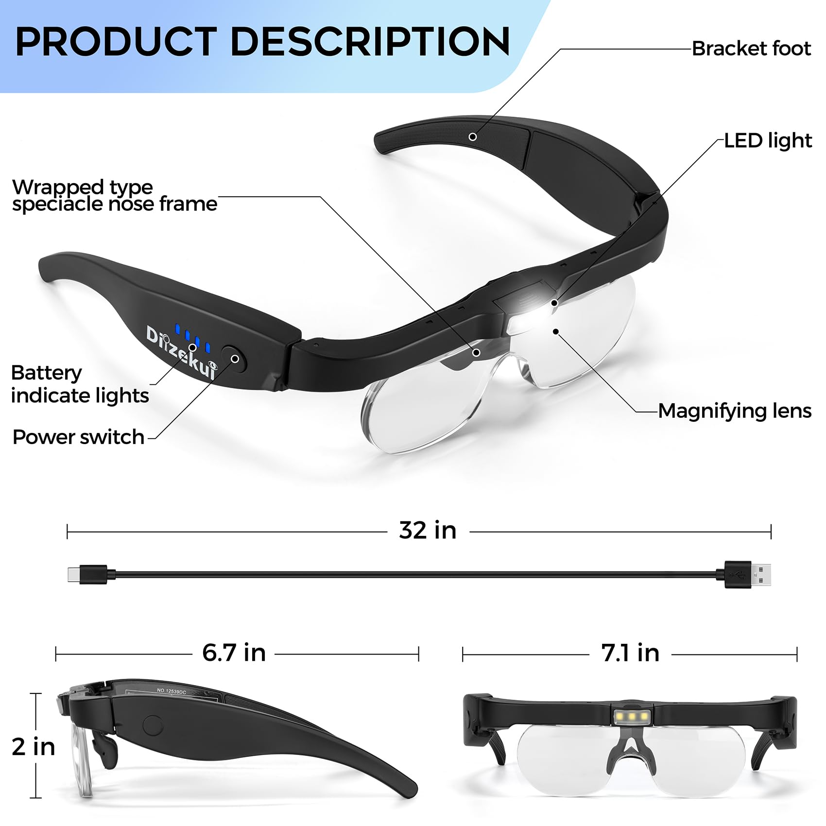 Rechargeable LED Magnifying Glasses 1.5X-5.0X with 4 Detachable Lenses - Hands-Free Head Magnifier for Reading, Jewelry Making, Watch Repair & Close Work - Ideal for Seniors, Hobbyists & Professionals