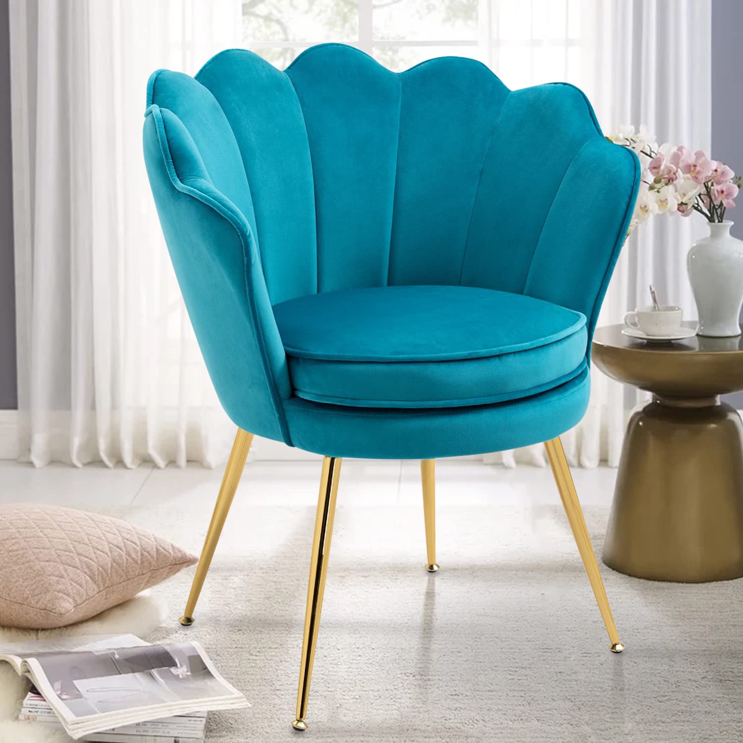 Velvet Accent Chairs for Living Room - Mid Century Modern Armchair with Golden Legs, Comfy Vanity Makeup Chair & Floral Reception Seat for Bedroom in Sky Blue | Perfect for Home Office, Lounge & Dressing Room Decor