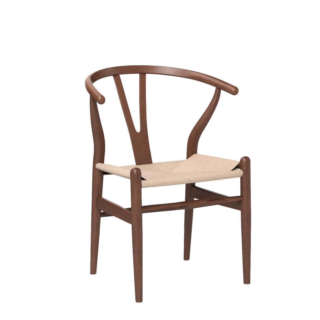 Natural Solid Wood Wishbone Chair - Hans Vegner Inspired Y Chair with Rattan & Wood Armrests (Ash Wood/Walnut, Set of 2) - Perfect for Dining Room, Kitchen, and Modern Home Decor