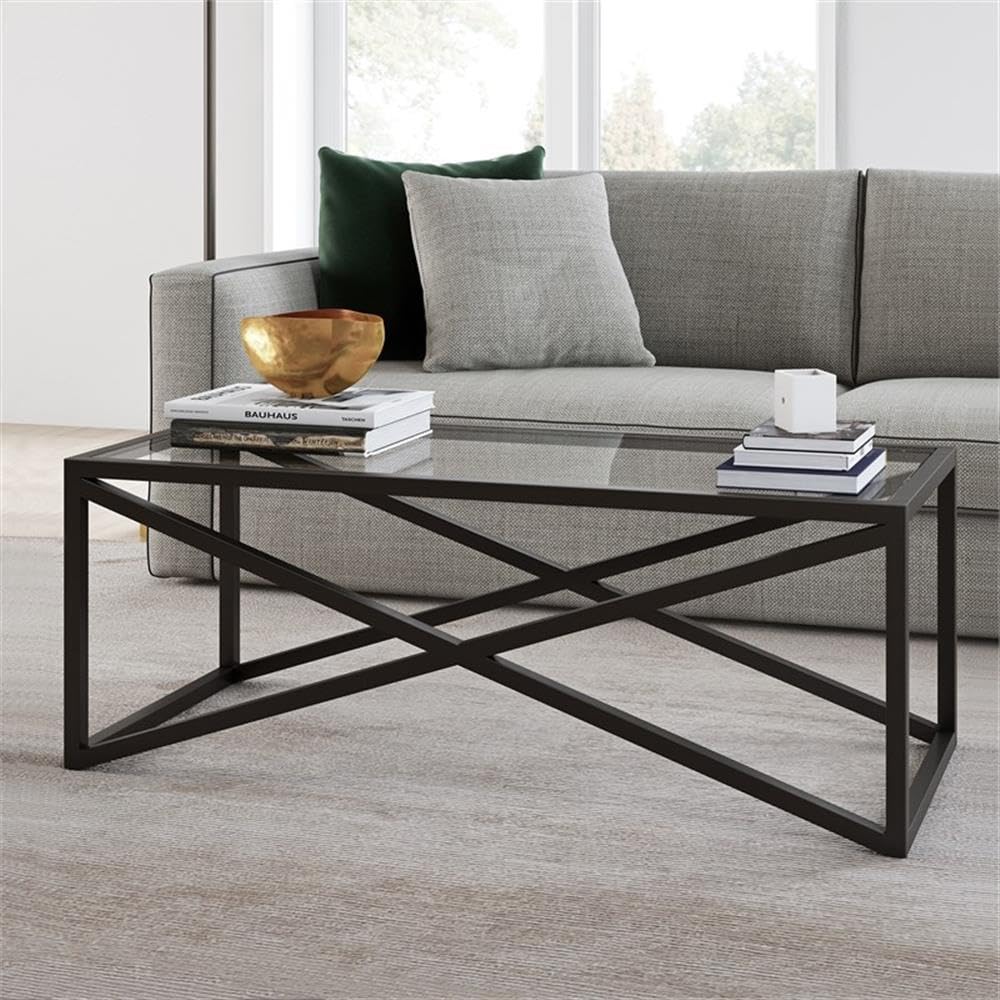 Pemberly Row Modern Black & Bronze Rectangular Coffee Table with Tempered Glass Top - Perfect for Living Room, Lounge & Office Decor