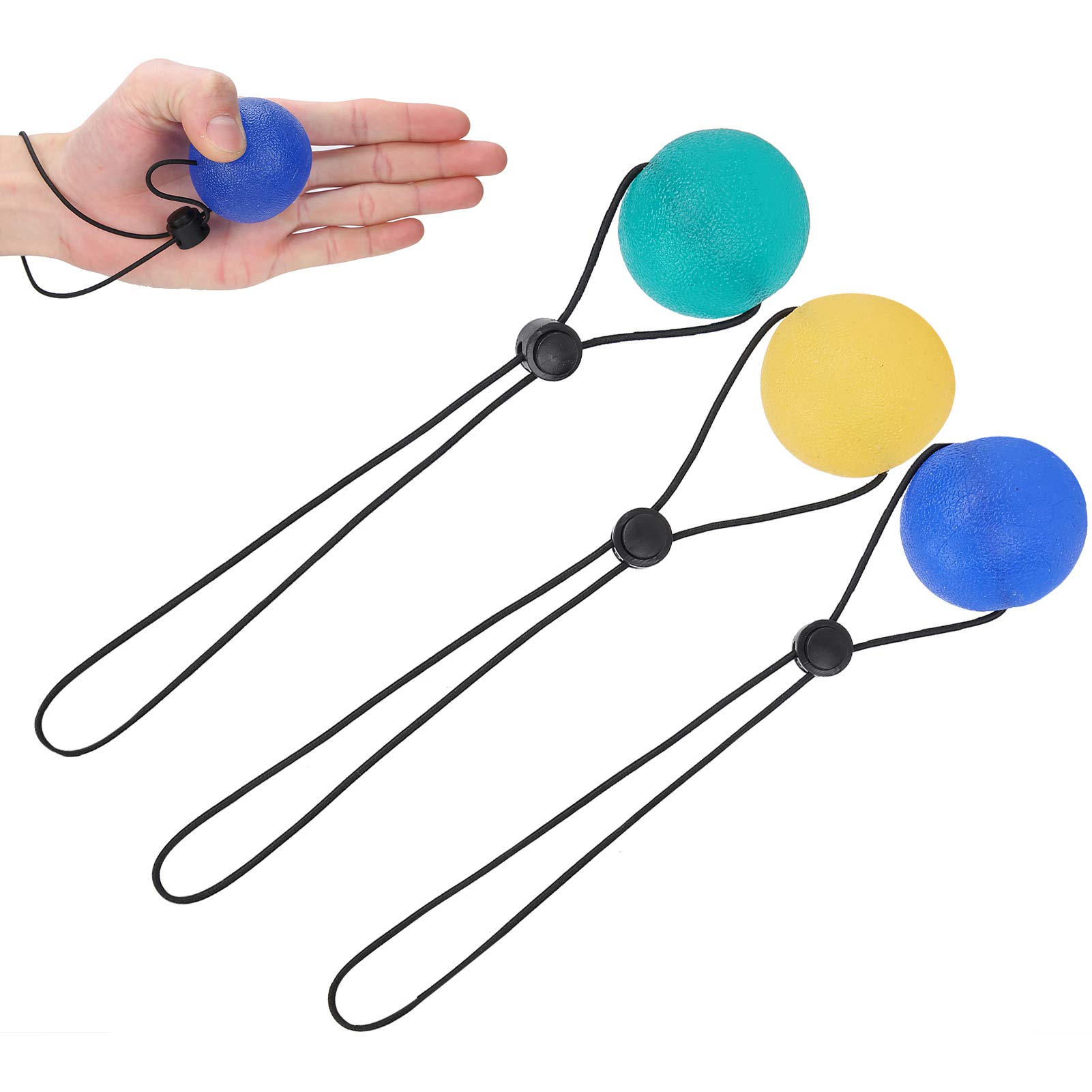 Anti-Stress Squeeze Balls Set of 3 - Silicone Hand Grip Trainer with Cord for Finger Strength, Climbing & Stress Relief (Yellow, Blue, Green) - Perfect for Office, Gym & Anxiety Relief