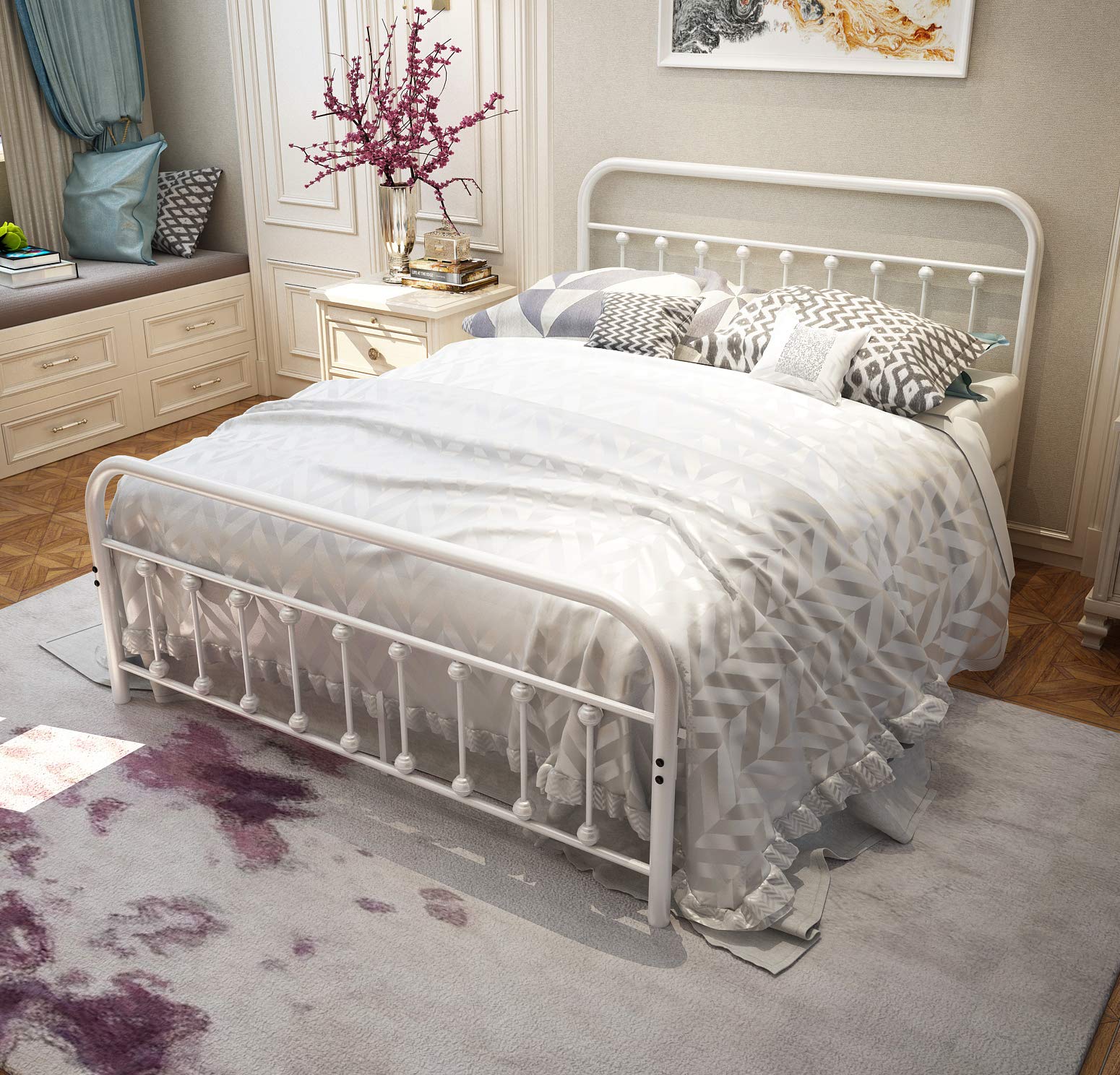 White Metal Bed Frame Queen Size with Headboard & Footboard - Sturdy Platform Mattress Base, Metal Tube & Iron-Art Design - Perfect for Modern Bedrooms, Guest Rooms & Dormitories (Queen, White)