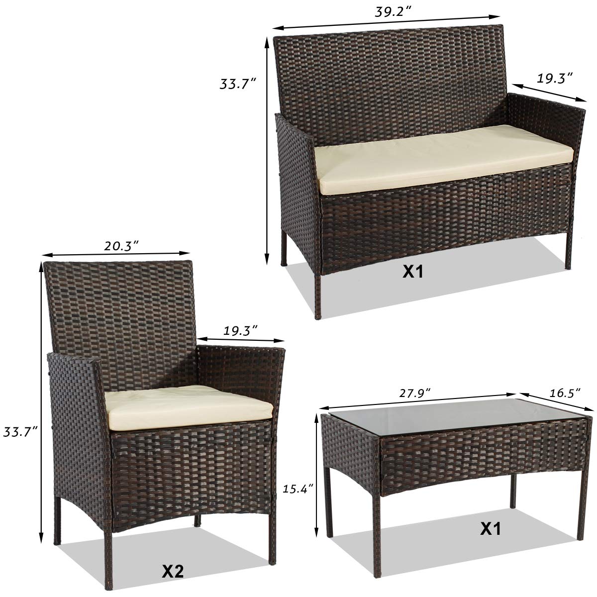 4-Piece Outdoor Patio Furniture Set - Brown Rattan Wicker Sofa & Chairs with Cushions & Glass Table - Durable All-Weather Garden, Poolside, Deck, or Backyard Lounge Seating