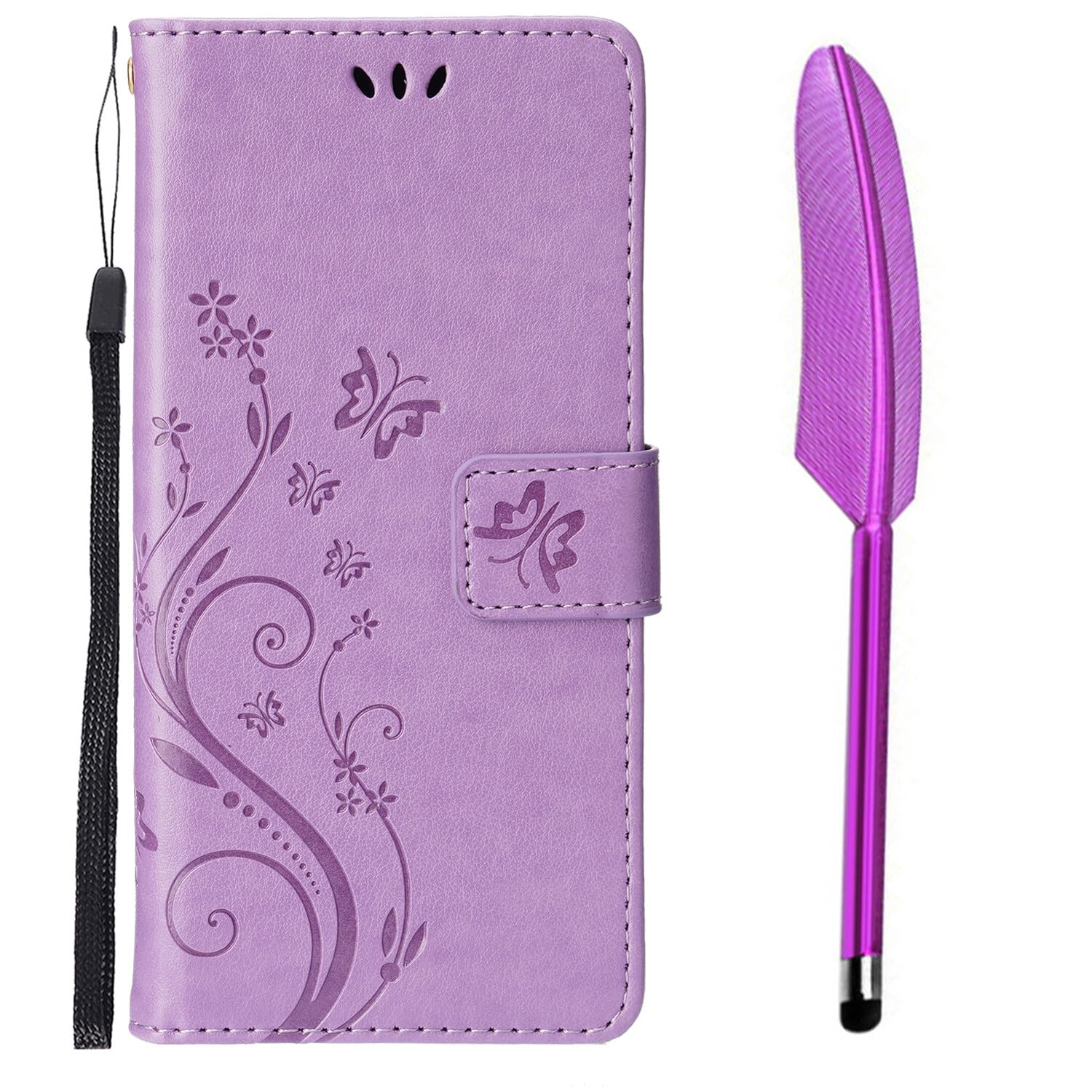 Premium PU Leather Flip Case for iPhone 15 Pro - Shockproof Butterfly Embossed Wallet Case with Kickstand, Card Holder, Lanyard & One-Touch Pen (Light Purple) - Perfect for Work, Travel & Everyday Protection