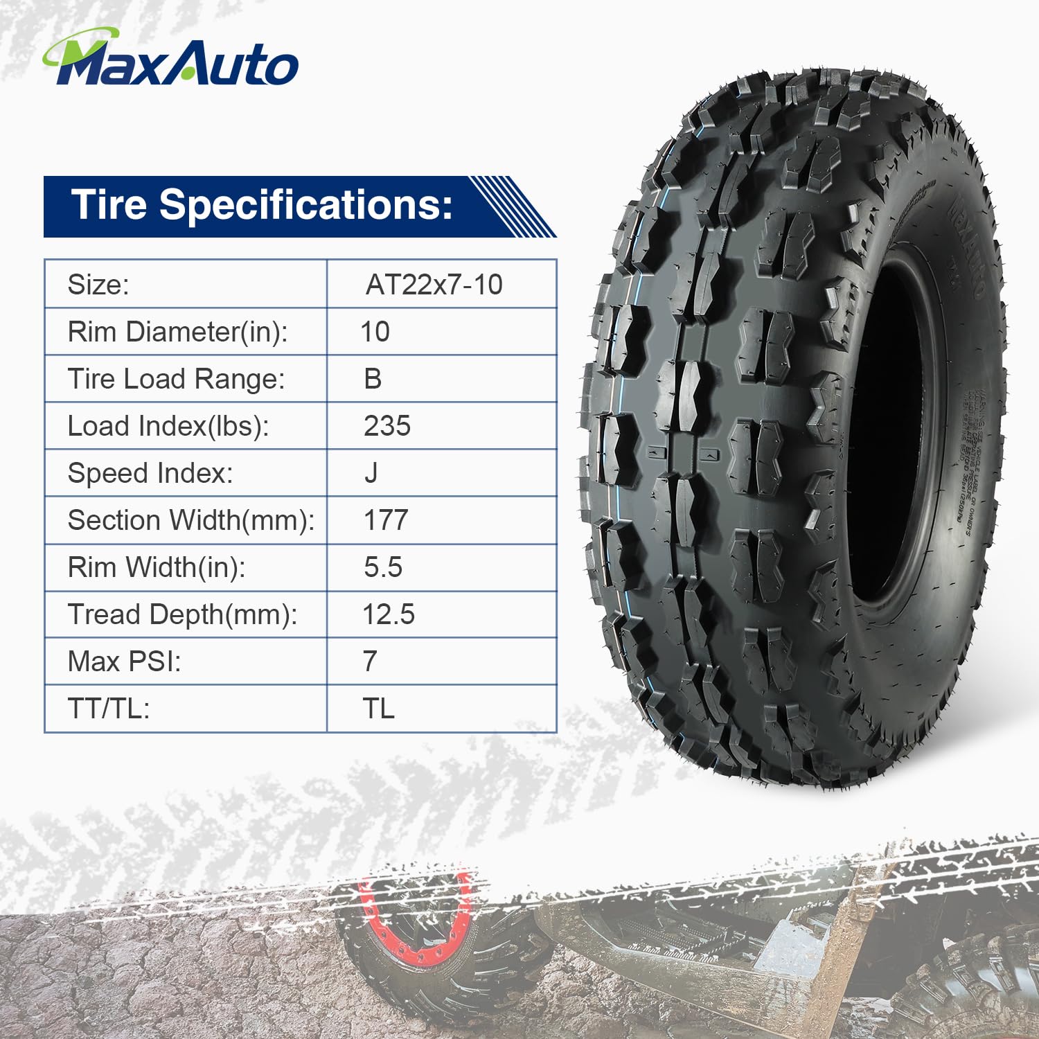 MaxAuto 22x7-10 ATV Tires - 4-Ply All-Terrain Tubeless Knobby Tires for Mud, Sand, Snow & Rock - Set of 2 - Perfect for Sport ATV/UTV Off-Road Adventures & Trail Riding