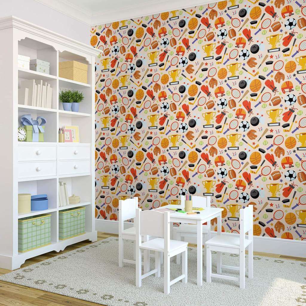 Beige and Black Sports Themed Kids Removable Peel & Stick Wallpaper - Perfect for Nursery, Playroom, and Bedroom Decor
