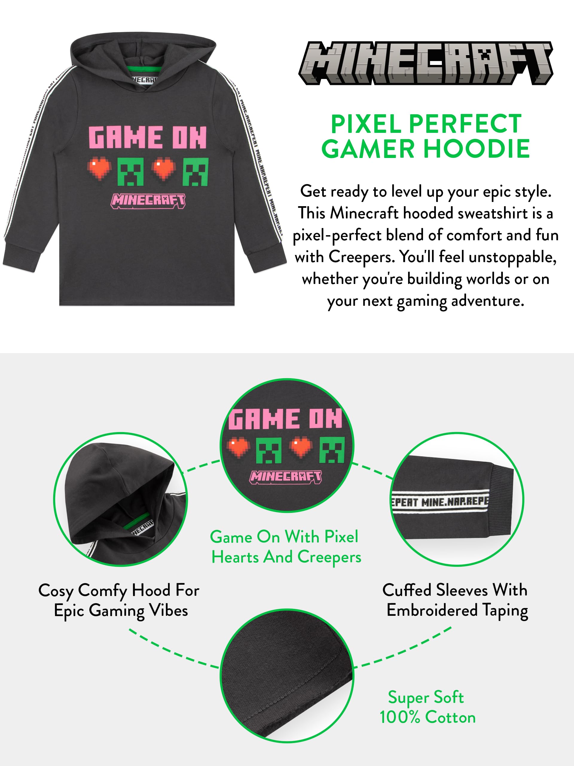 Minecraft Creeper Hoodie for Girls - Gaming Themed Pullover Sweatshirt in Sizes 6-14 | Perfect for Cosplay, Birthday Gifts & Gaming Events
