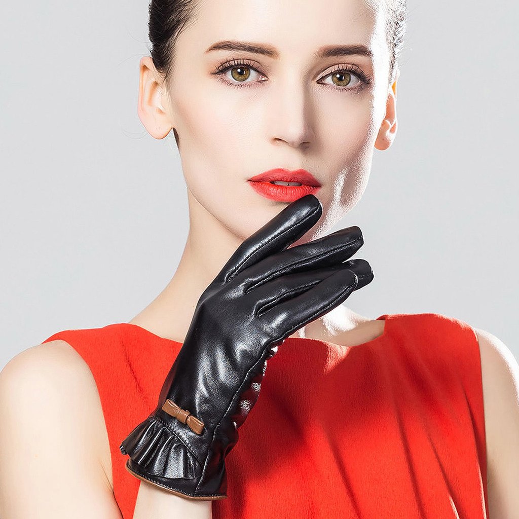 XOMO Women's Winter Warm Genuine Leather Gloves with Bowknot - Soft Touch, Windproof & Thermal Protection for Outdoor Activities, Driving, Skiing & Cold Weather Fashion