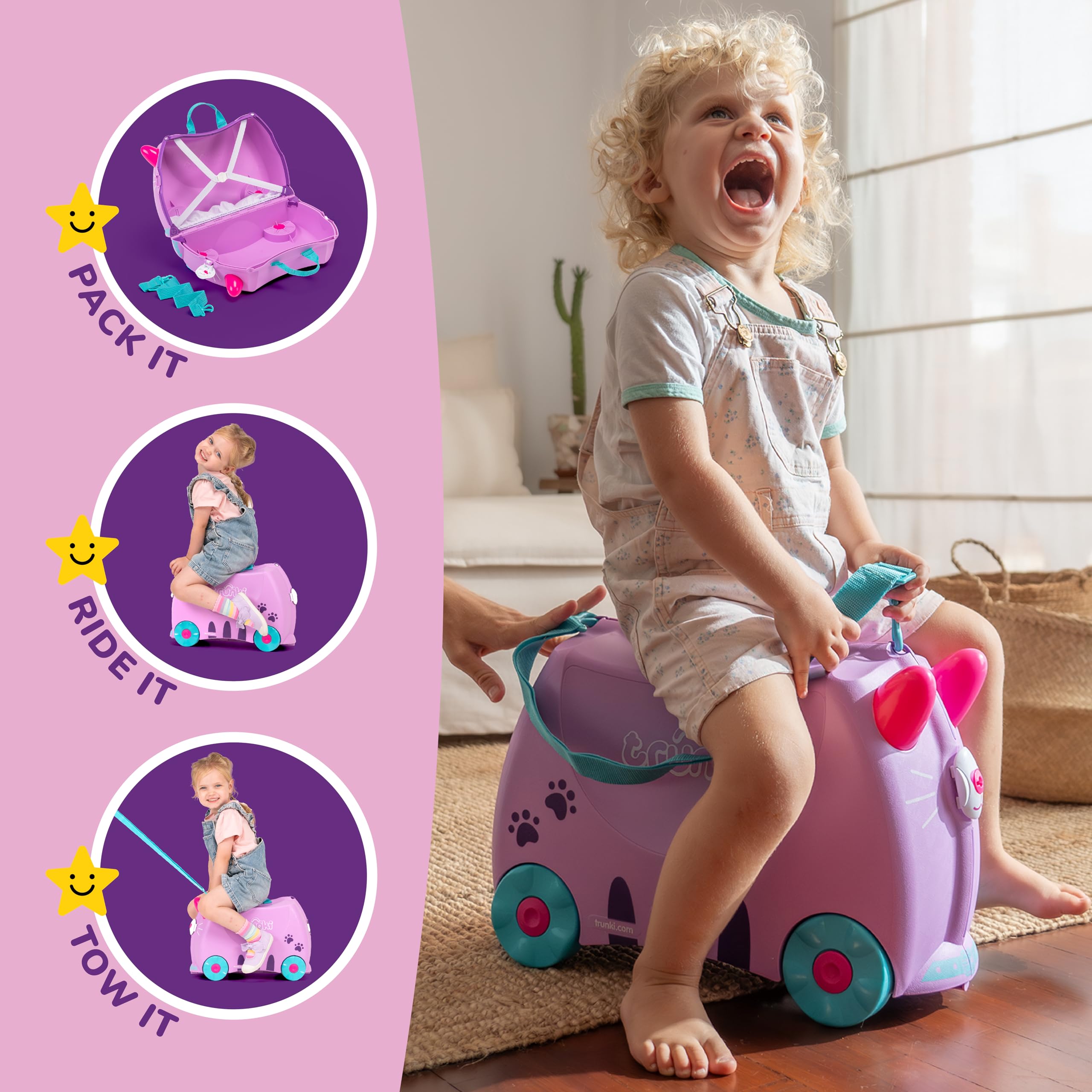 Trunki Ride-On Kids Suitcase - Toddler Luggage with Wheels, Carry-On Travel Bag for Airplane - Cute Cassie Cat Lilac Design - Perfect for Family Trips, Air Travel & Preschool Adventures