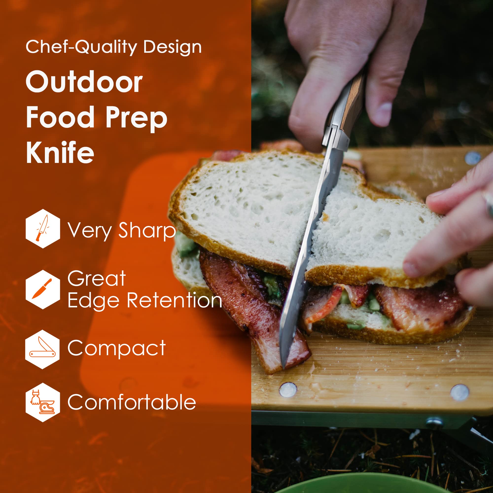 Premium nCamp Folding Chef Knife - 9CR18MOV Steel Blade with Wood Handle for Secure Grip | Western Utility & Outdoor Cooking Knife for Camping, Hiking & Kitchen Use
