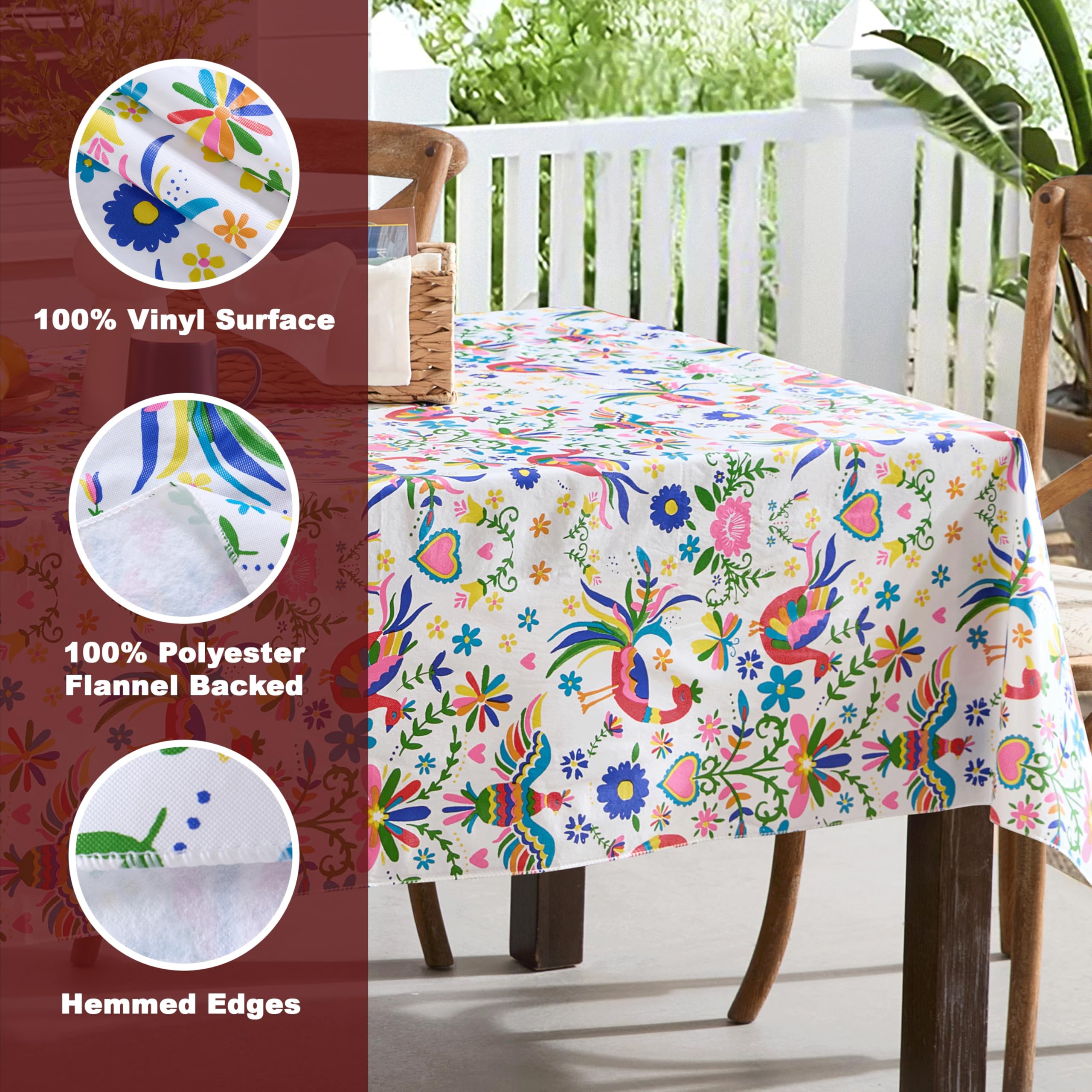 Newbridge Easter Animal Folk Print Vinyl Tablecloth with Flannel Backing - 52 x 70 Inch Rectangle Mexican Otomi Design (Birds, Hearts, Floral) - Waterproof & Wipe Clean Table Cover for Parties, Picnics, Barbecues, Easter Celebrations & Outdoor Dining
