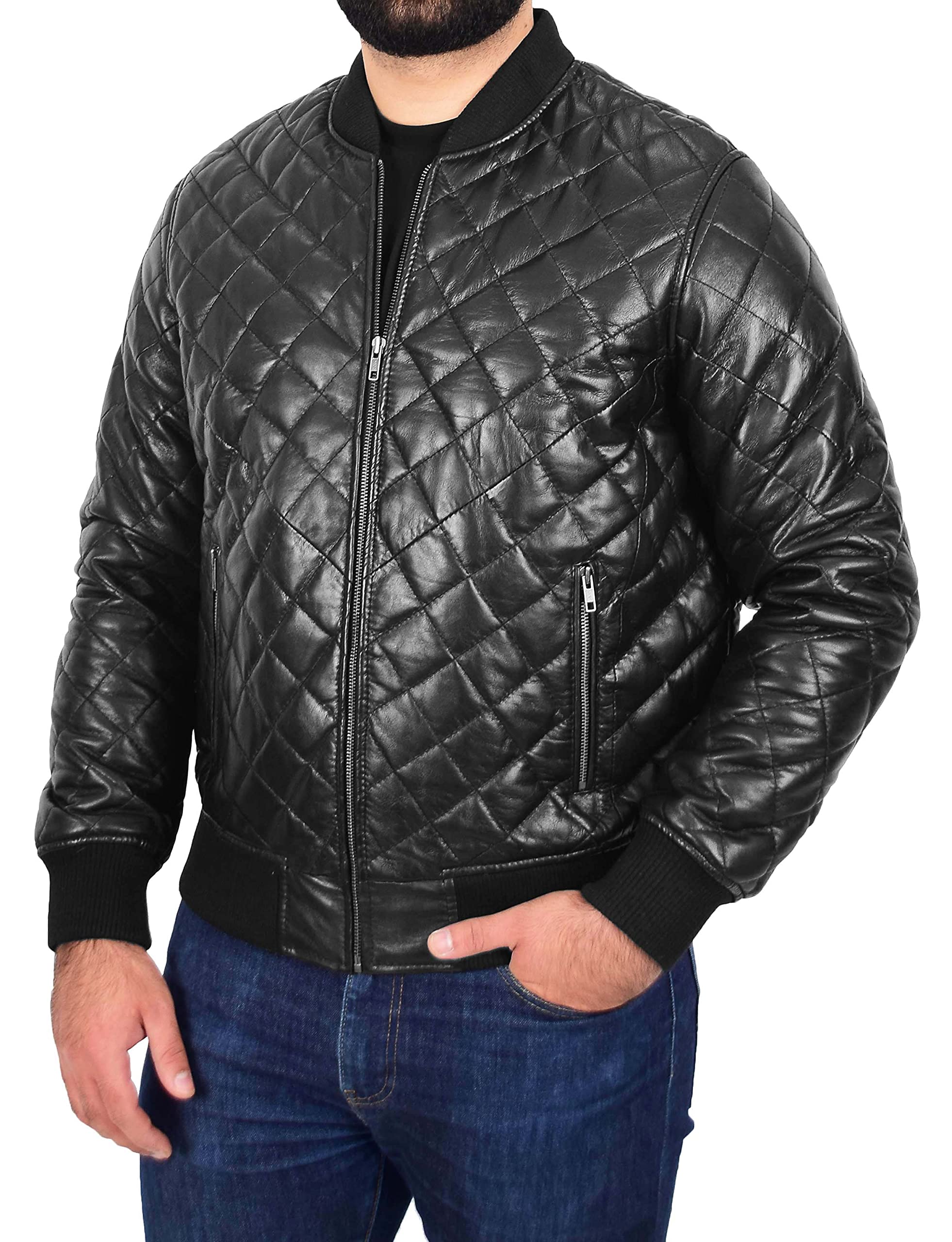 Men's Black Bomber Leather Jacket - Soft Quilted Padded Fitted Varsity Style - Perfect for Casual Wear, Motorcycle Riding & Night Out