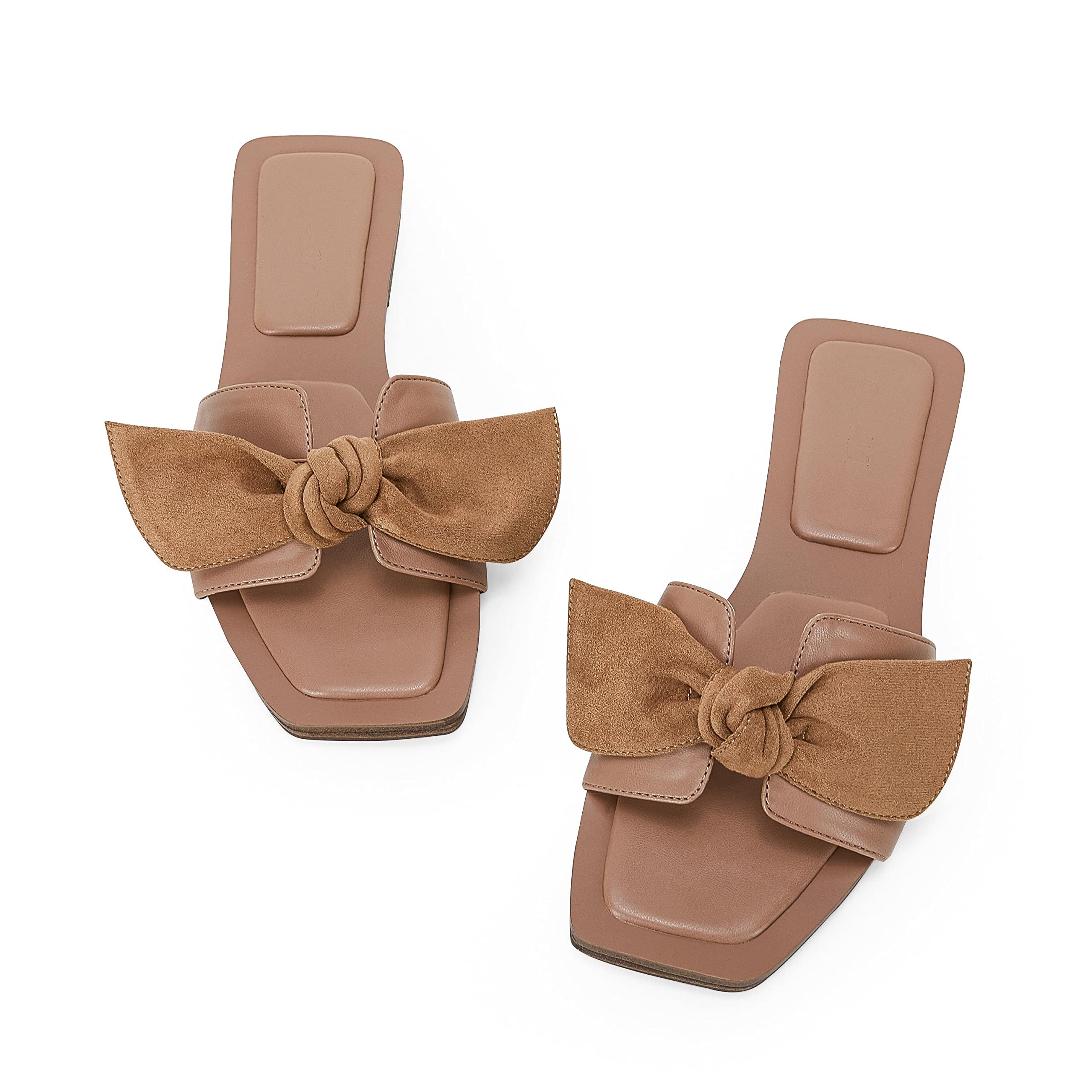 LAICIGO Women's Square Toe Slide Sandals - Bow Knot Slip-On Backless Faux Suede Summer Flat Sandals for Beach, Pool, and Casual Outings