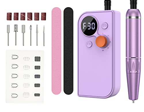 Professional Rechargeable Electric Nail Drill Kit - 30000 RPM Portable Efile Manicure Machine with 6 Nail Bits & Acrylic Nail Mat for Acrylic Nails, Polish Removal & Nail Art | Perfect for Home Salon, Nail Technicians & DIY Manicures (Purple)