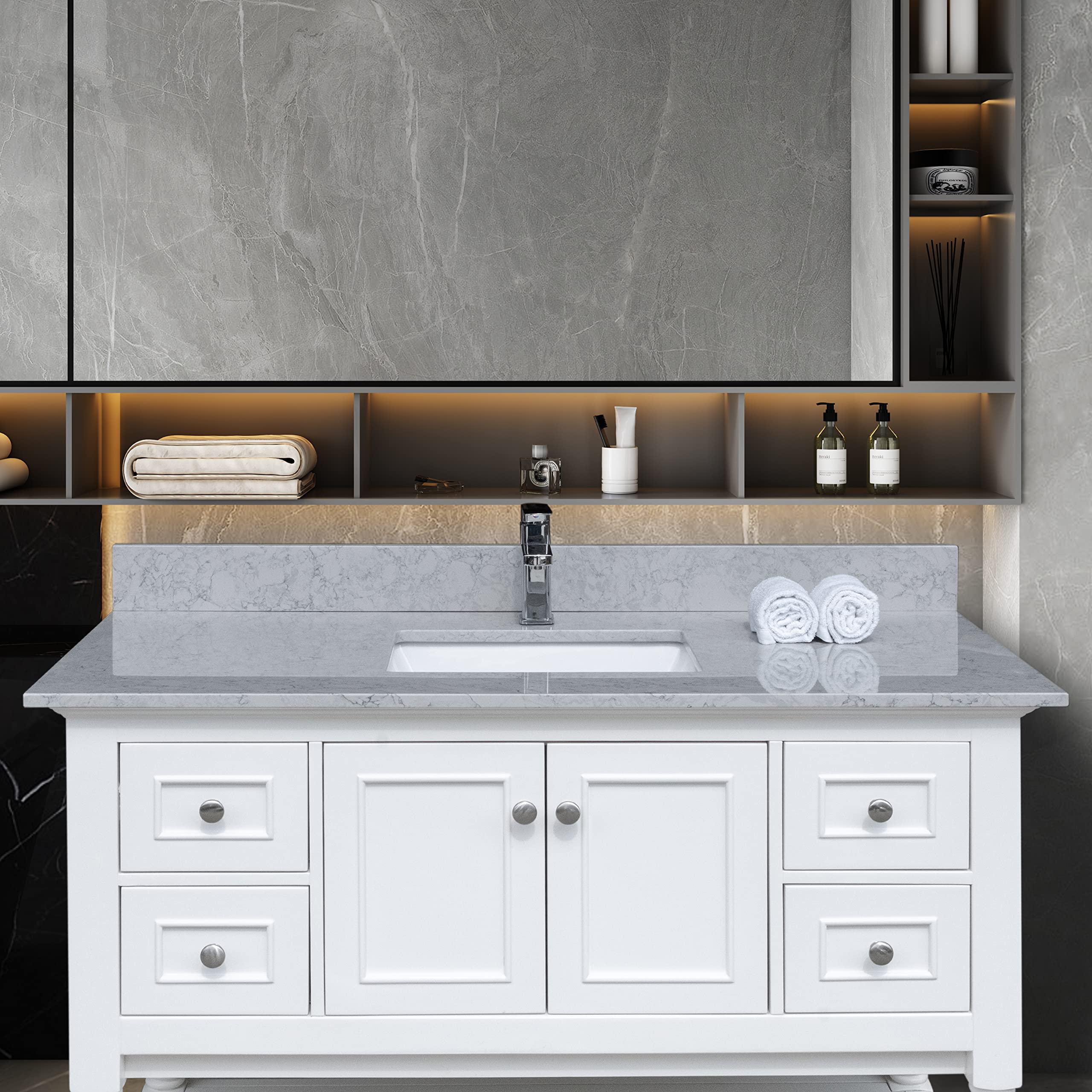 43 Inch Grey Calacatta Marble Bathroom Vanity Top with Single Faucet Hole & Backsplash - No Cabinet Included (43x22 Inch) | Perfect for Modern Bathroom Renovation & Master Suite Upgrade