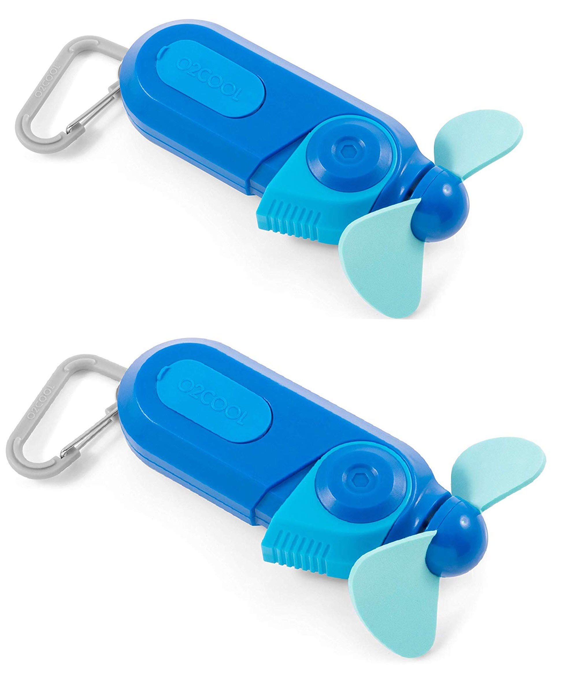 O2COOL 2 Pack Keychain Sport Misting Fan - Portable Battery Powered Handheld Fan with Carabiner Clip & Water Mister - Perfect for Outdoor Sports, Hiking, Travel & Hot Weather (Blue)
