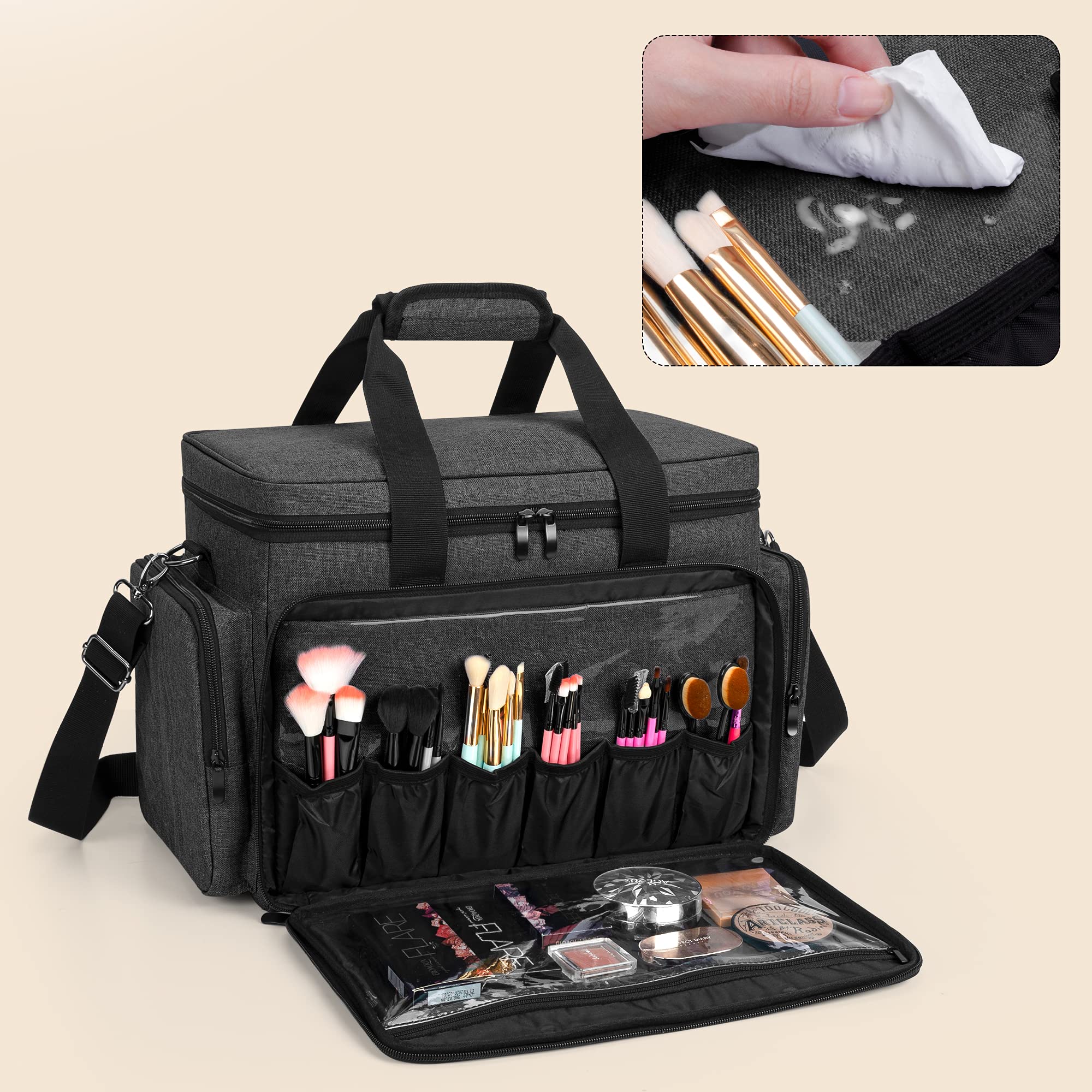 BAFASO Large Makeup Bag with Removable Dividers - Waterproof Cosmetic Organizer for Travel, Holds Brushes & Skincare - Perfect for Vacation, Gym & Daily Use (Black)