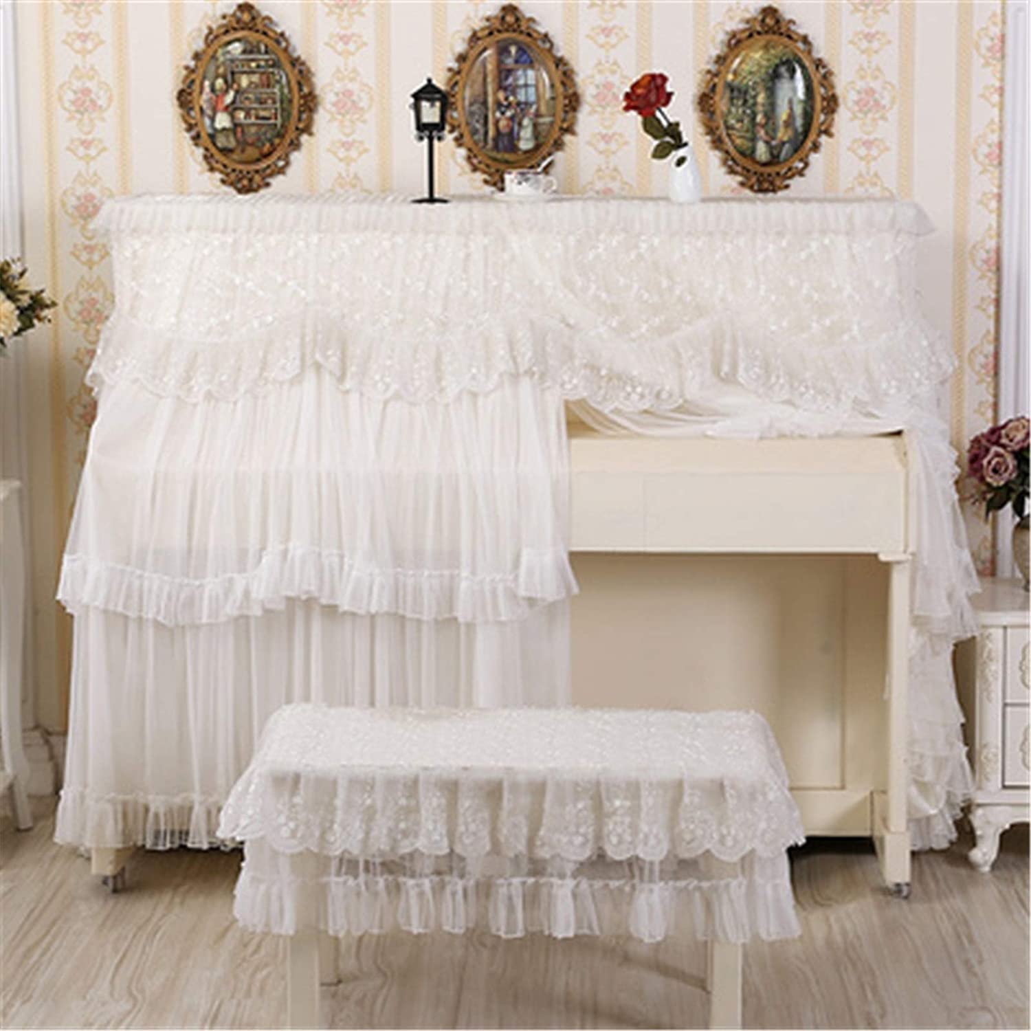 LSZ Simple Style White Upright Piano Cover - Soft Fabric Dust Cover with Lace Trim, Stool Cover Included - Small Size for Home Decor & Protection - Perfect for Living Room, Music Studio & Gift Giving