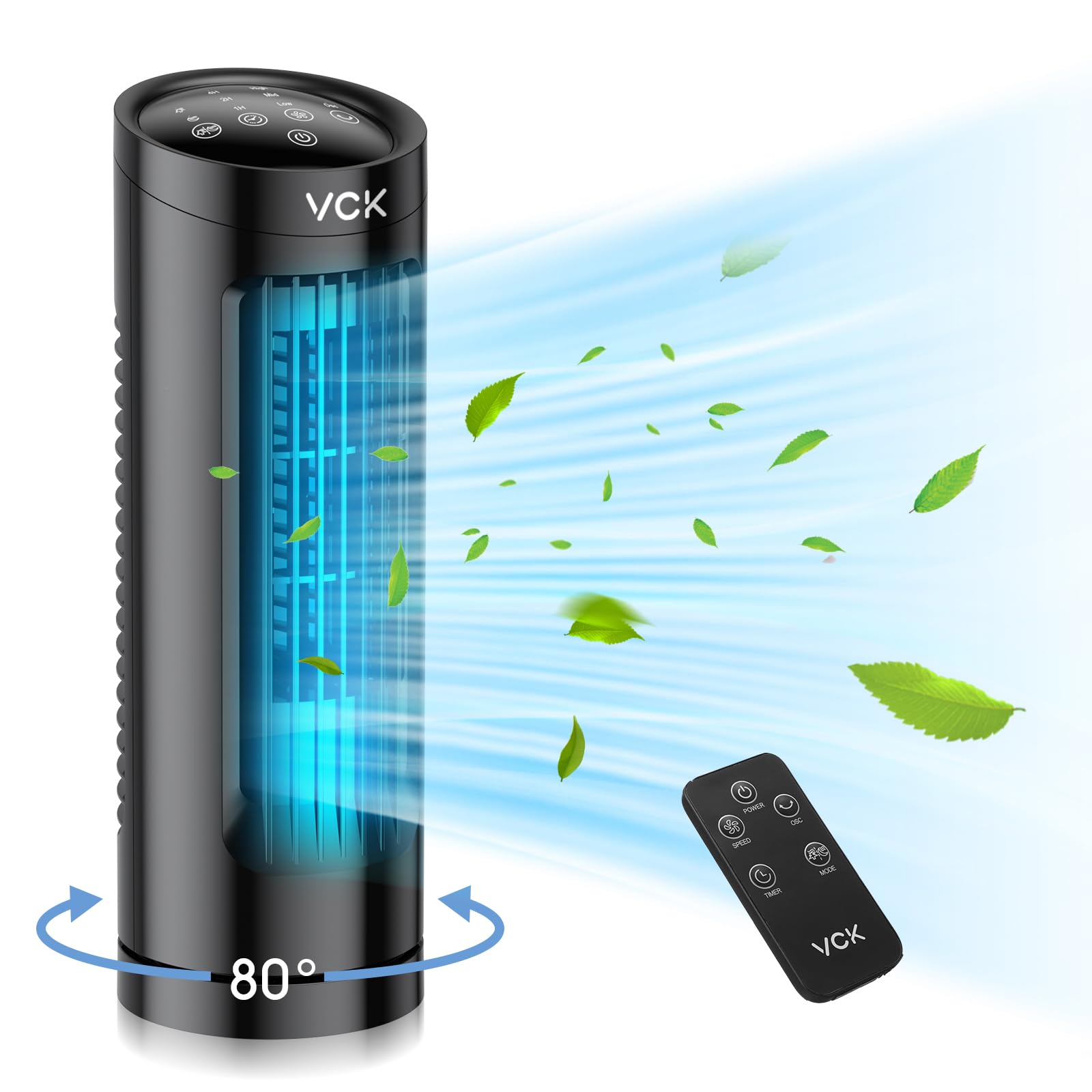 VCK 13'' Oscillating Table Fan - 70° Tower Fan with Remote Control, 3 Speed Settings & 3 Wind Modes, Timer Function, Safe Bladeless Design, Digital Touch Screen - Ultra Quiet Desk Fan for Home, Office, Bedroom & Workspace | Perfect for Cooling, Air Circulation & White Noise Sleep Aid