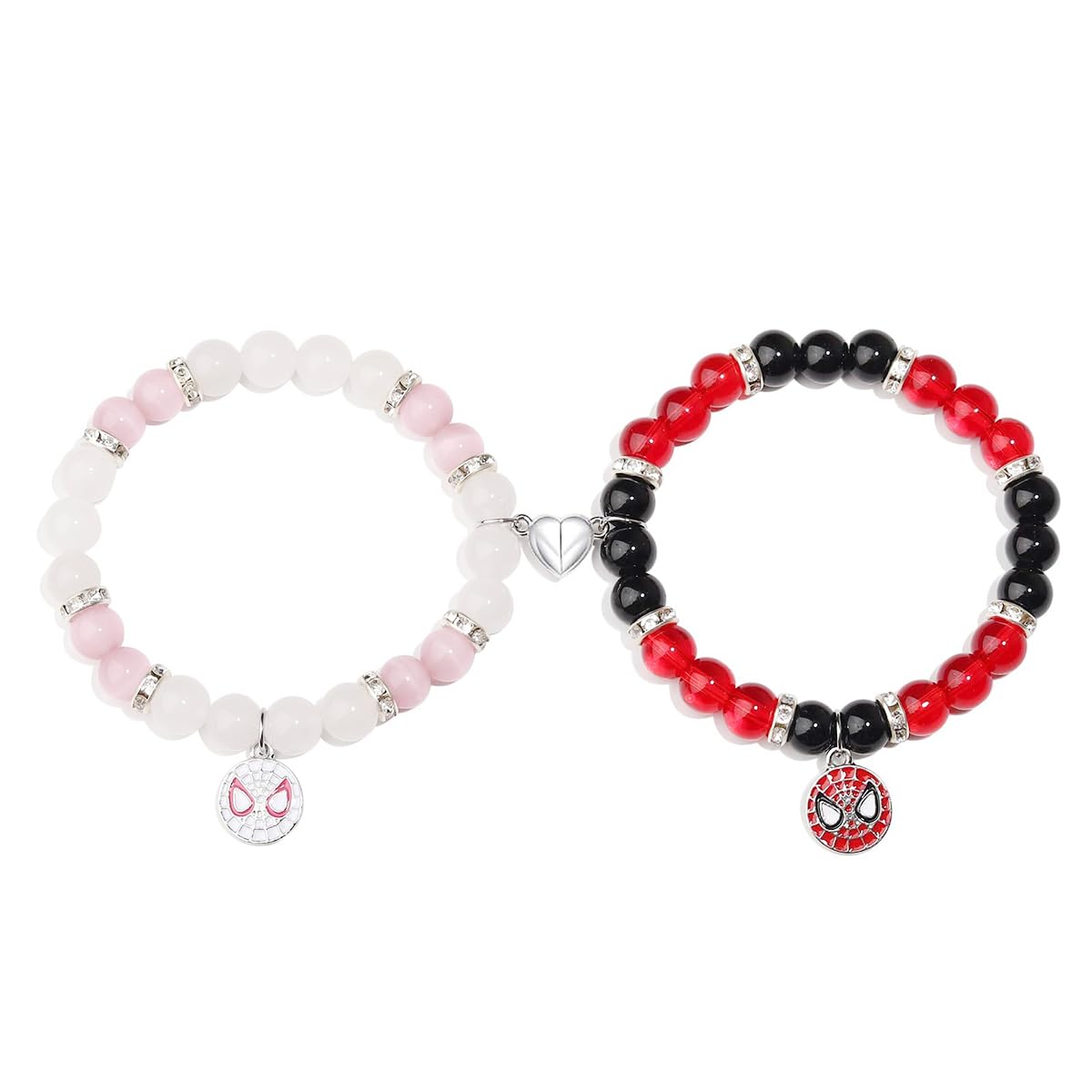 SANNIDHI® Matching Couple Bracelets Set - Spiderman Pendant Opal Beads & Hello Kitty Friendship Bracelet, Magnetic Heart BFF Bracelet for Women, Girls, Sisters - Best Gift for Anniversary, Birthday, Valentine's Day (Perfect for Couples, Best Friends and Family Gifts)