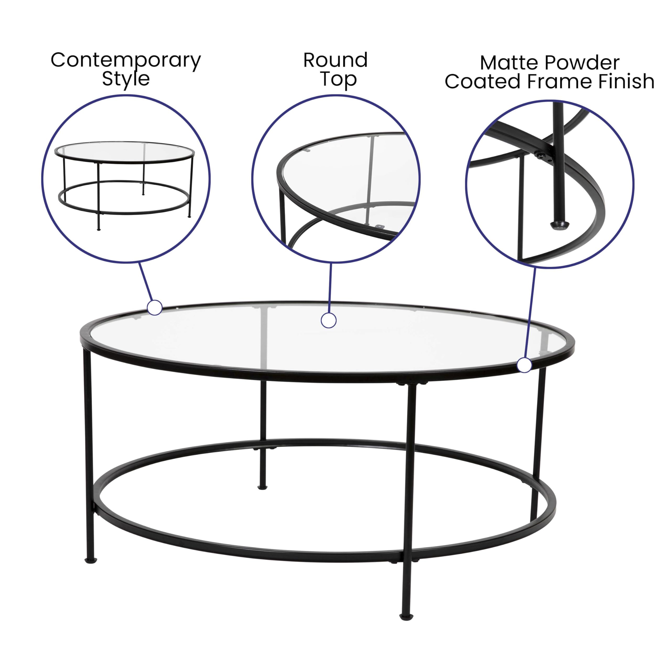 Astoria Collection Round Coffee Table - Modern Clear Glass Top with Matte Gold Frame - Perfect for Living Room, Lounge & Office Decor