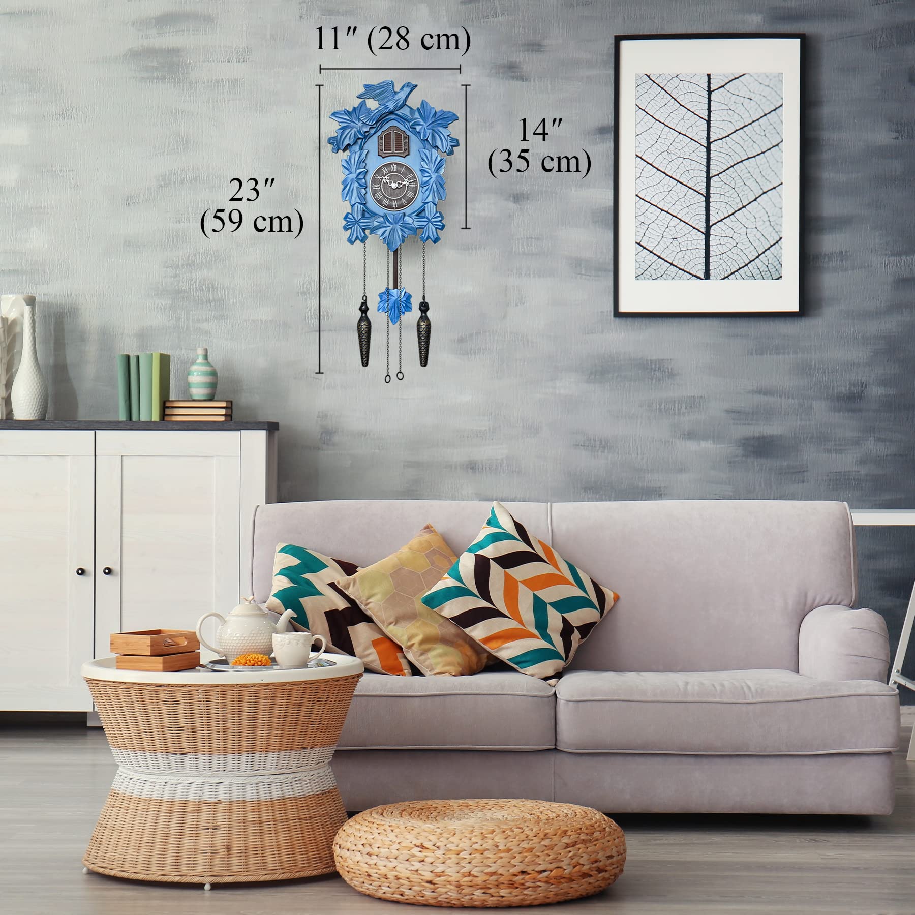 TIMEGEAR Hand Carved Blue Cuckoo Clock with Night Mode & Swinging Pendulum - Traditional German Style Wall Clock for Home, Office & Cabin Decor