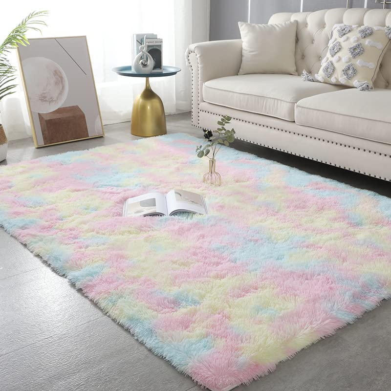 Premium Soft Fluffy Shaggy Area Rug - Ultra Plush Non-Slip Carpet for Bedroom, Living Room, Kids Room - 2.6x5.2 Feet Rainbow Color - Cozy Floor Mat for Girls & Boys Play Area, Nursery Decor, Home Comfort
