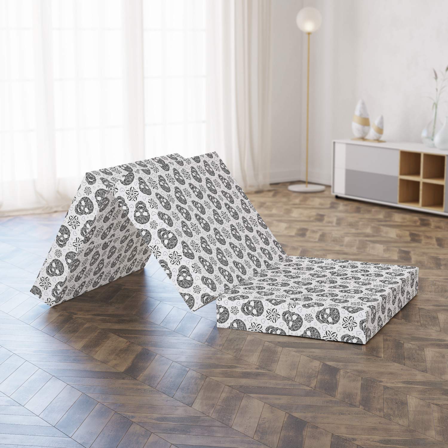 Ambesonne Black and White Foldable Mattress with Abstract Skulls Design - 74.8